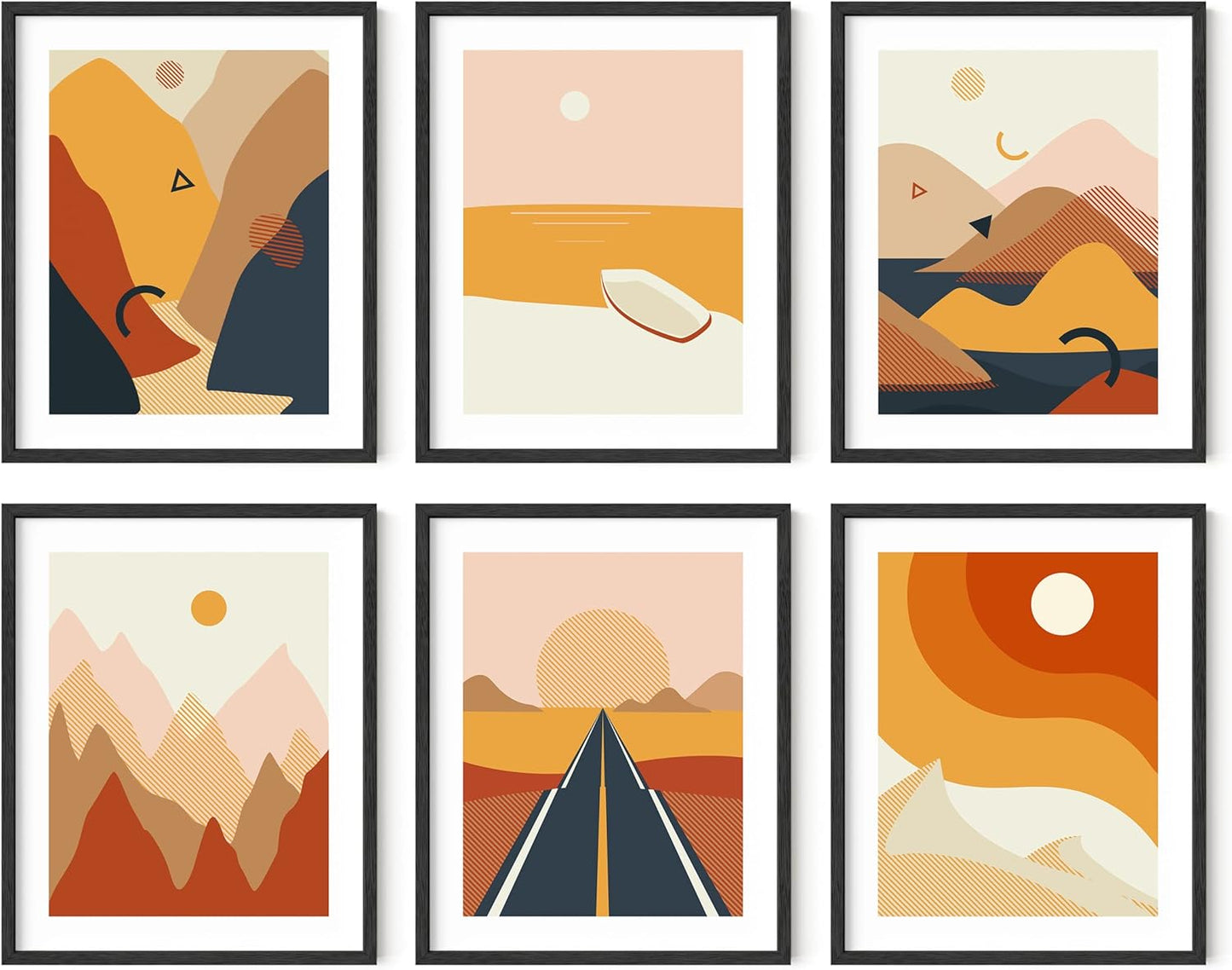 HAUS AND HUES Abstract Minimalist Landscape Wall Art – Set of 6 Modern Mountain Prints, Geometric Nature Posters, Aesthetic Minimalist Wall Decor (Black Frame, 16x20)