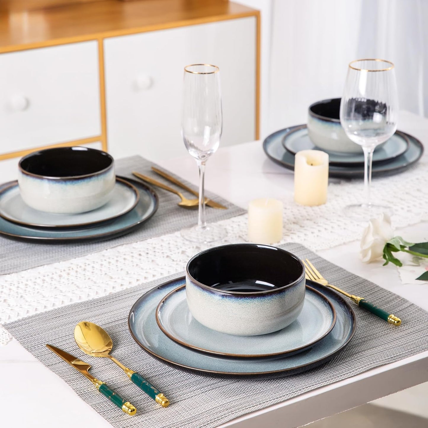 LeRatio Ceramic Dinnerware Sets for 6,Porcelain Plates and Bowls Sets,Handmade Reactive Glaze Dishes Set,Chip Resistant and Scratch Resistant | Oven&Dishwasher & Microwave Safe-Gray White(18PCS)