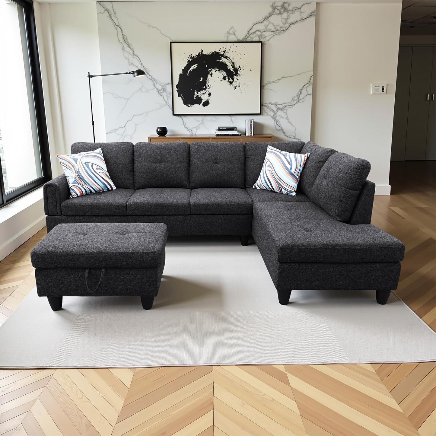 Couches for Living Room Modern L Shaped Couch Comfy Linen Fabric 3 Pieces Sectional Sofa with Chaise, Ottoman with Storage for Office and Small Apartment, Dark Grey