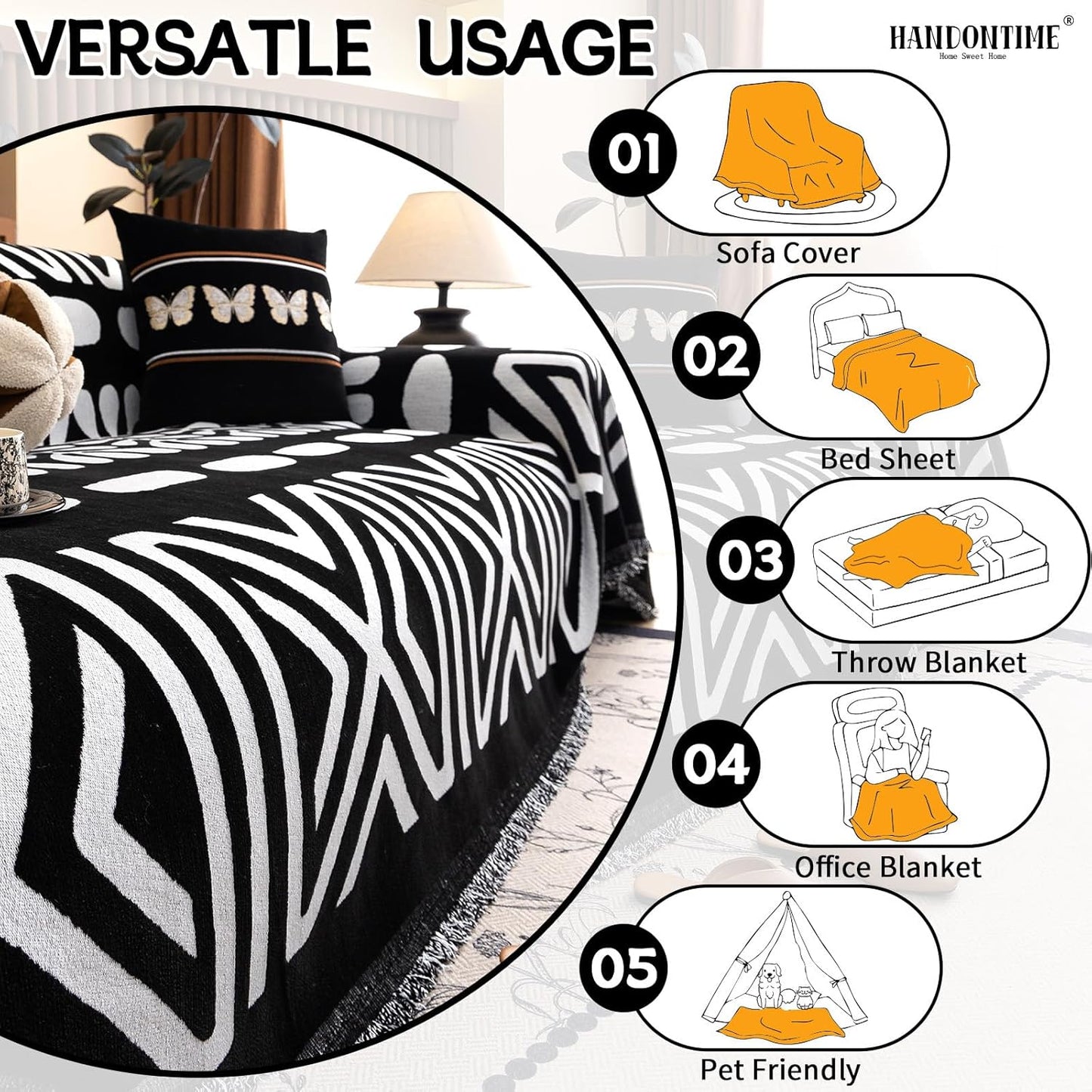 HANDONTIME Boho Couch Cover Blanket Geometric Striped Pet Covers for Couches and Sofas Black and White Dog Cover for Couch Pet Friendly Chenille Sectional Sofa Covers for Pets Washable, 71" X 134"