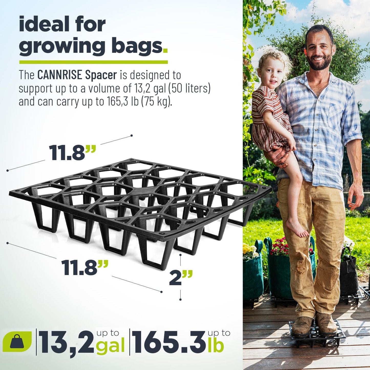 Cannrise Plant Riser – Modular Pot Spacer for Grow Bags, Planters & Containers – UV-Resistant Drainage Tray for Airflow, Root Health & Cleaner Surfaces (Standard Black W/ 50 clips, 5 Pack)