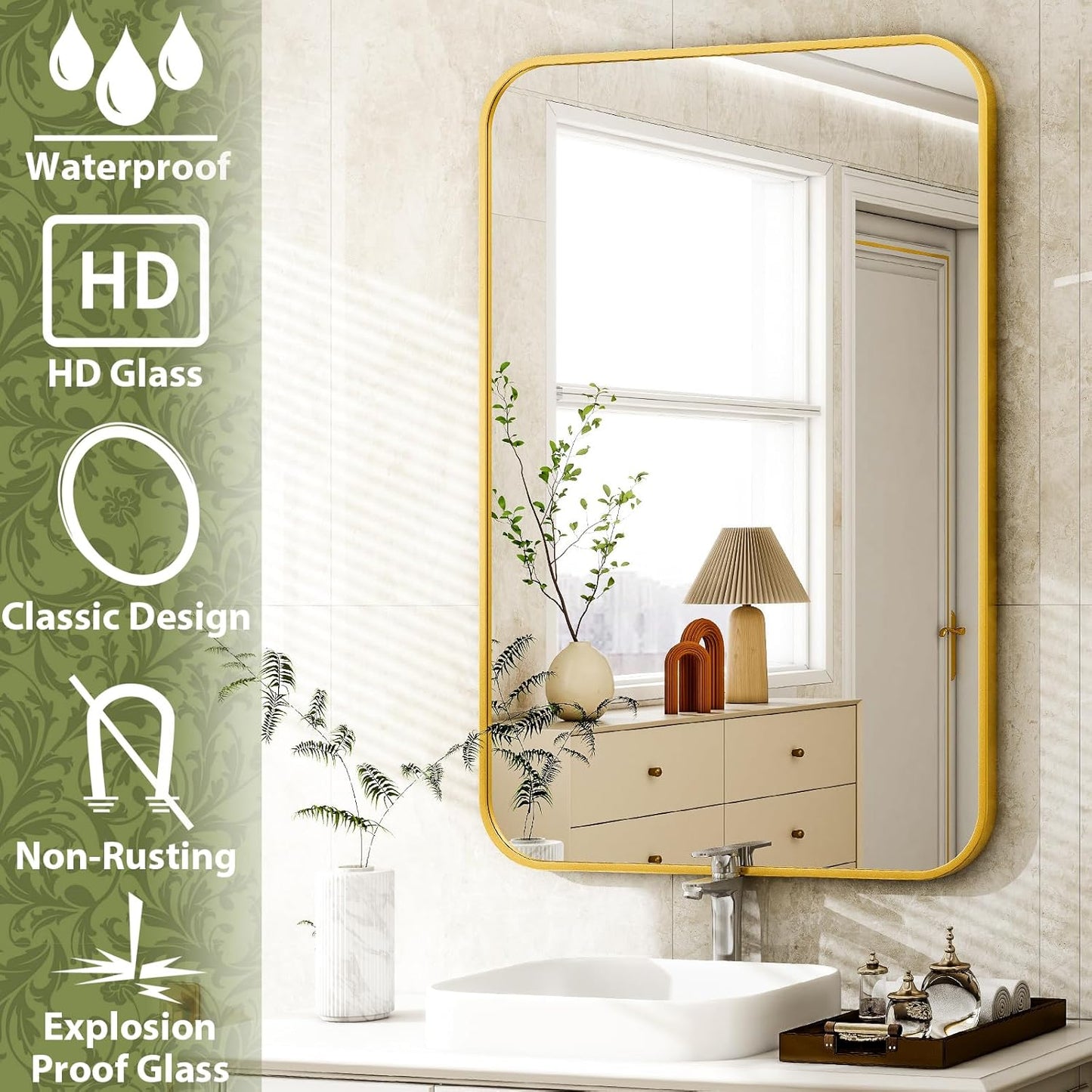 26 x 38 Inch Bathroom Mirror, Rounded Rectangular Vanity Mirror for Wall, Modern Mirror for Room Decor, Gold Framed Wall-Mounted Mirrors for Home Decor, Hangs Horizontally or Vertically