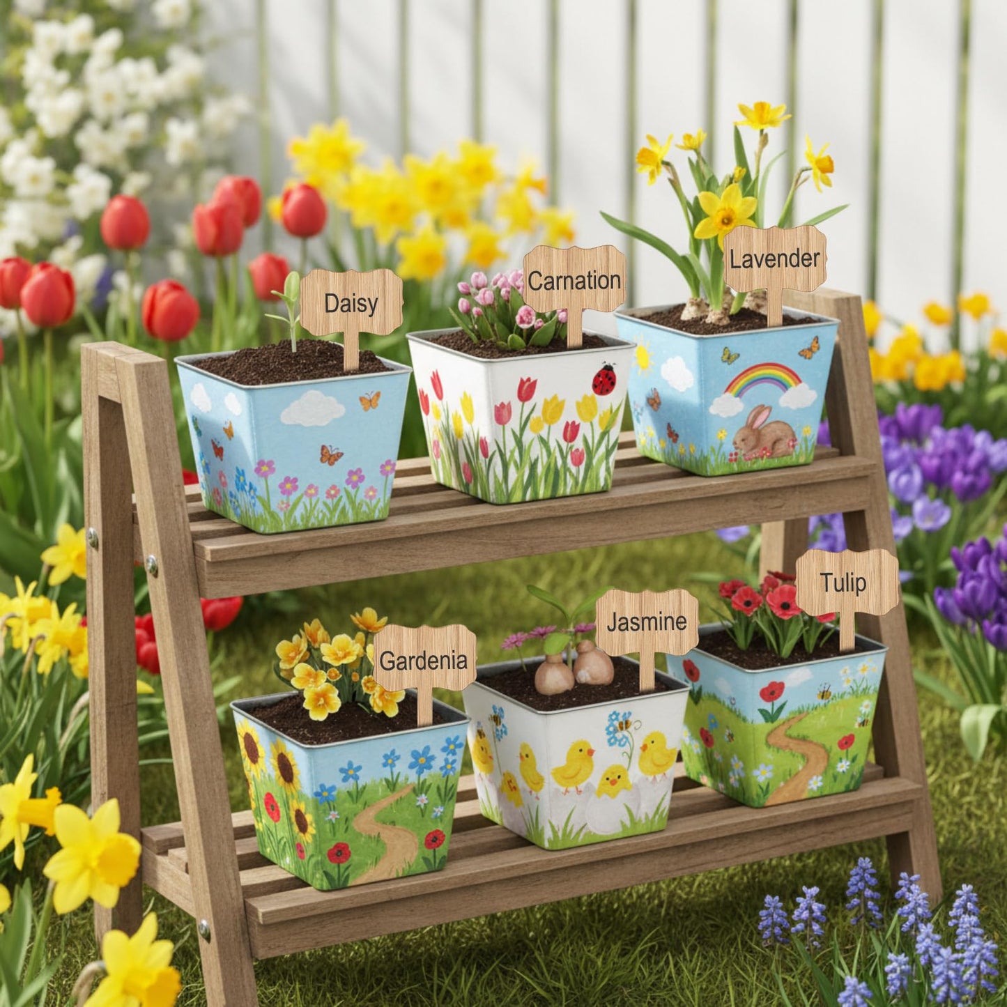 Ferrochef 6 Sets Garden Flower Pots Crafts Kit DIY Metal Iron Plant Pots Acrylic Paint Stickers Brushes Plant Labels Gardening Tool Kit for Planting Crafts Mother's Day Graduation Creative Gift