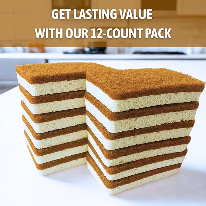 12 PCS Kitchen Sponges for Cleaning, Scrub Sponges for Dishes with Non-Scratch Scourer Pad, Natural Wood Cellulose & Coconut Fiber, for Nonstick Pans, Pots, Cups (2-in-1 Design)