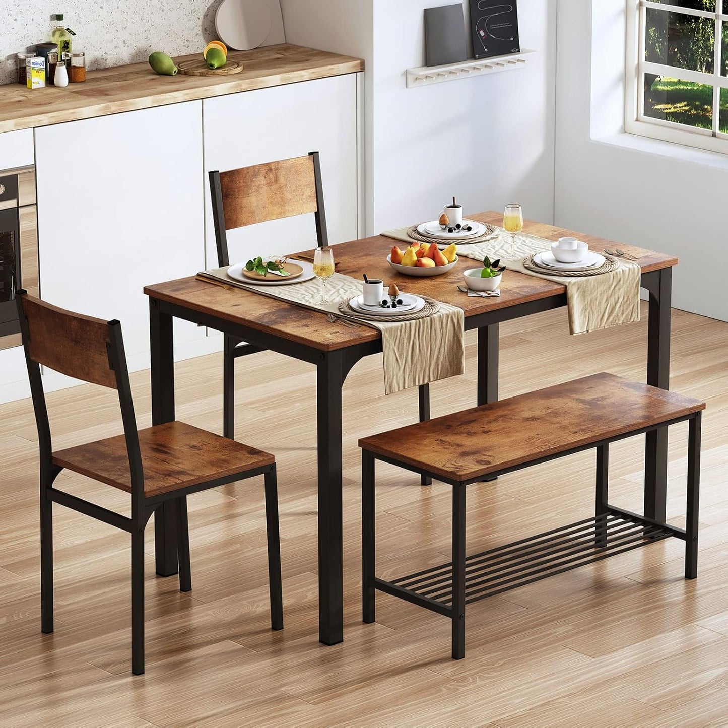 SogesHome 4-Piece Kitchen Table and 2 Chairs for 4 with Bench, Dining Table Set for Small Space, Apartment, Living-Room, Restaurant, Vintage Brown