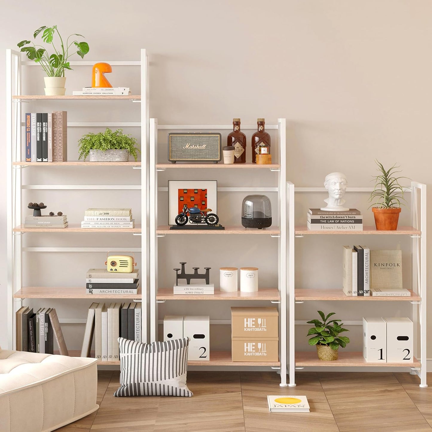 BHG Vintage Multifunctional Bookcase Folding Bookshelf, No-Assembly Plant Stand Storage Rack Shelves for Home Office (White, 4-Tier)