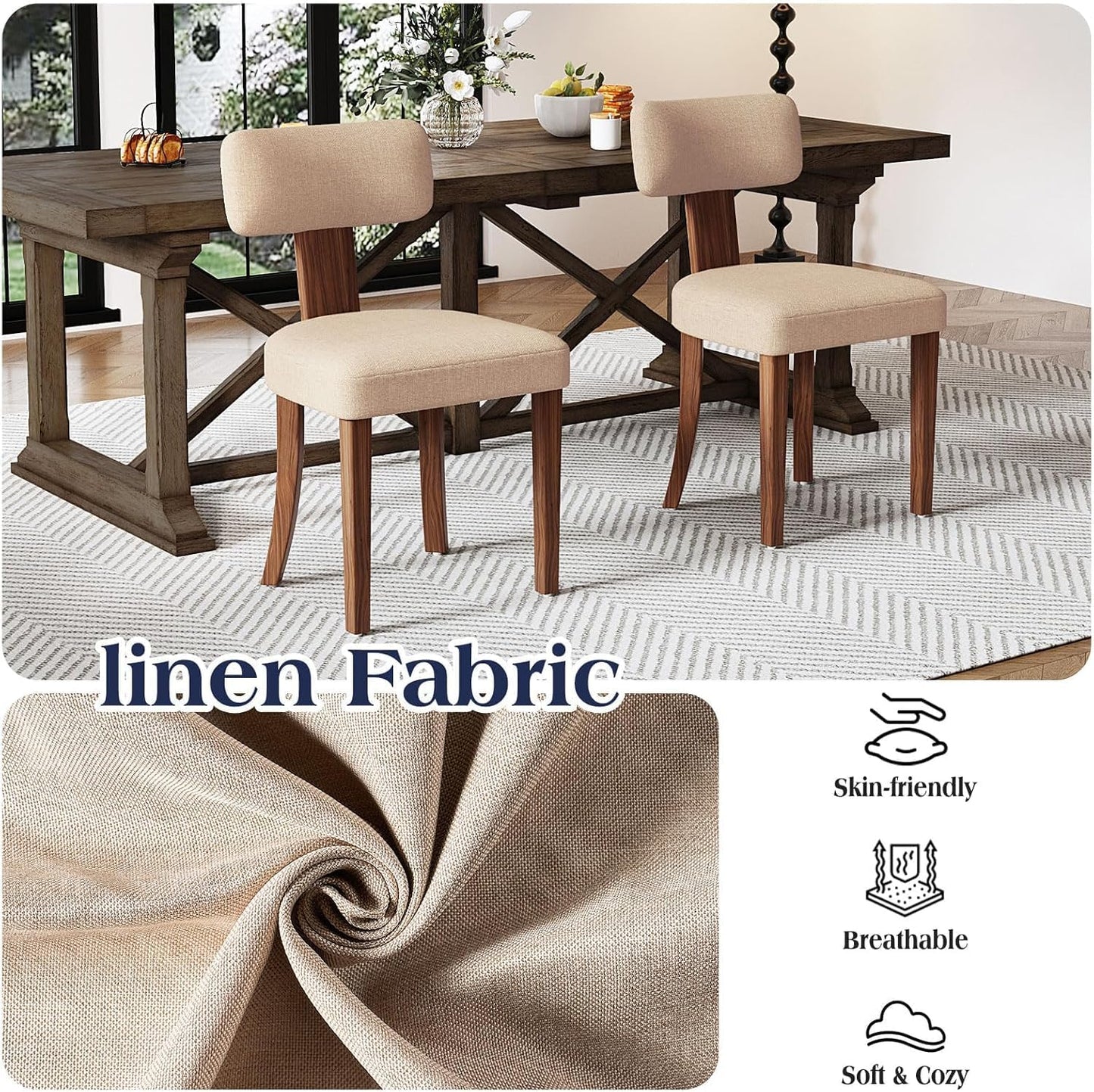 Farmhouse Chair Set of 4, Mid Century Modern Dining Chairs, Sherpa Upholstered Kitchen Chairs with Curved Backrest & Adjustable Legs for Living Room/Bedroom, Easy to Install, Beige Linen