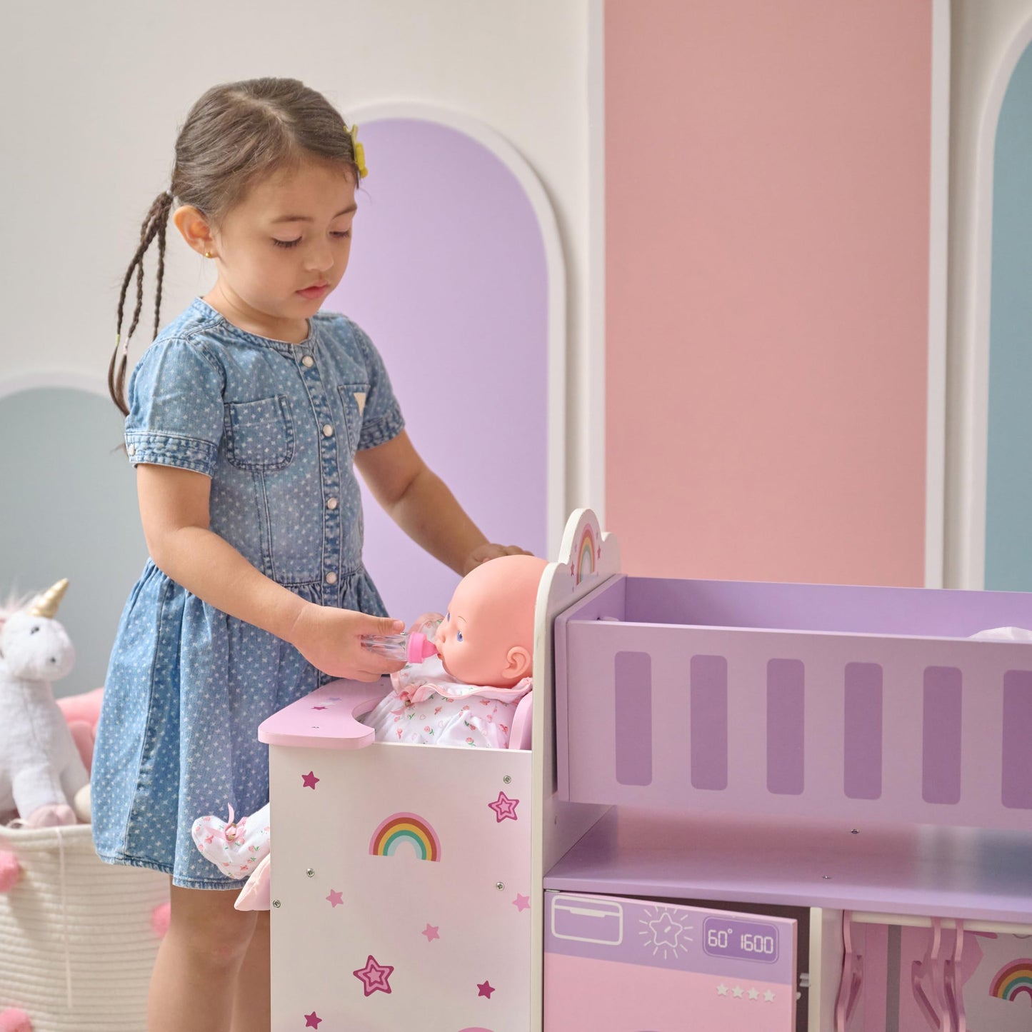 Olivia’s Little World Fantasy Care Doll Nursery 6-in-1 Unicorn Themed Baby Station with Cradle, Washer, High Chair, Sink & Closet with 3 Wooden Hangers for Pretend Play, for Girls Ages 3 and Up