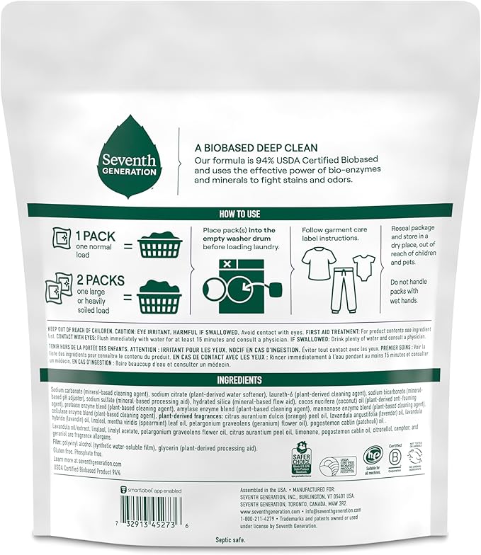 Seventh Generation Lavender Laundry Detergent Packs, Biobased Deep Clean, 45 Count