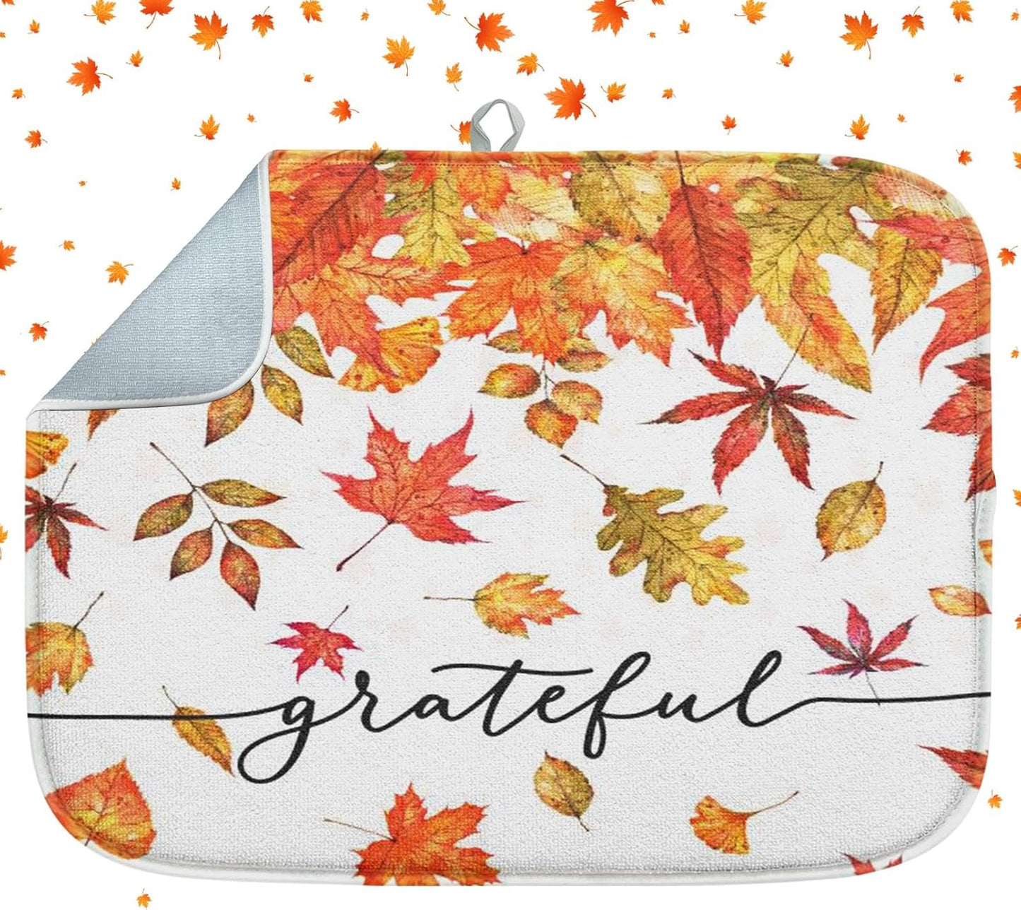 Sanwarm Absorbent Dish Drying Mat, Autumn Fall Leaves Microfiber Pad for Kitchen Counter, Thanksgiving Grateful for Coffee Bar Decor, Heat Resistant and Reversible, 16" x 18"