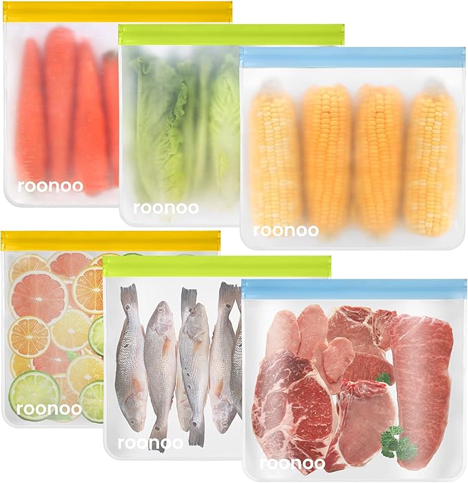 6 Pack Dishwasher Safe Reusable Gallon Freezer Bags Food Storage Bags, Extra Thick Leakproof Silicone & Plastic Free Ziplock Bags for Meal Prep, Fruits, Sandwich, Snack, Travel Items