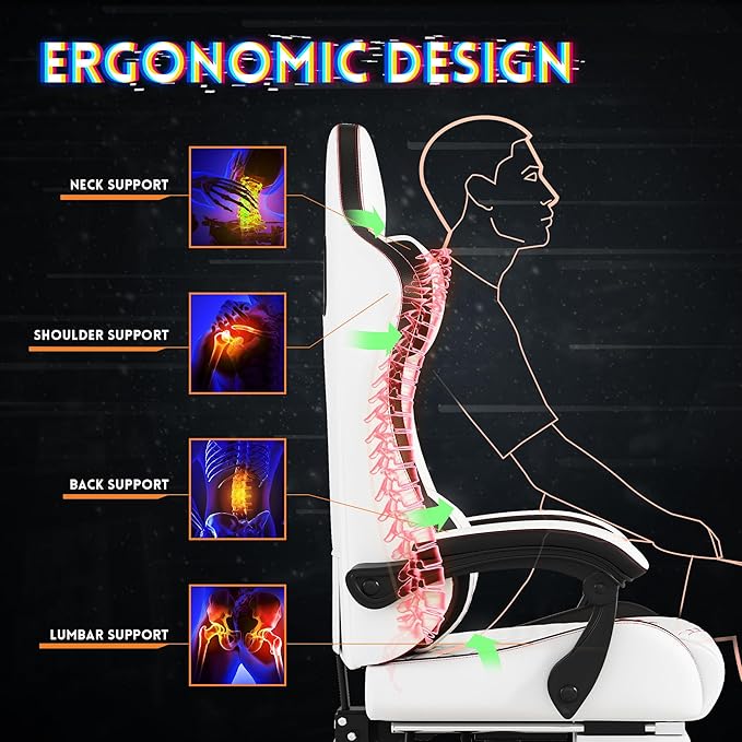 Gaming Chair,Ergonomic Computer Gaming Chair,400lb Load-Bearing,Retractable Footrest/Waist Support/Ergonomic Backrest[Spring + 4D Sponge] (White)