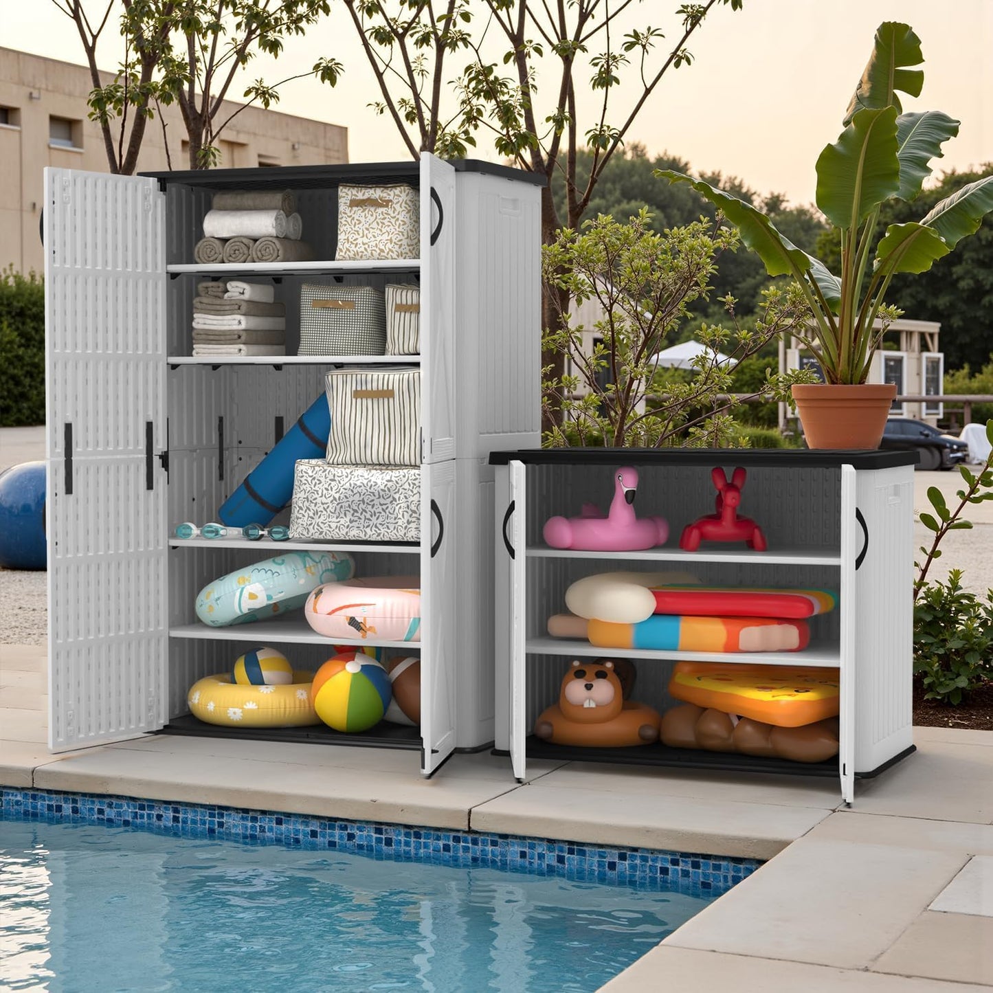 Devoko 26 Cu Ft Plastic Outdoor Storage Shed, Horizontal Resin Storage Cabinet with Lockable Door, Water-Resistant Backyard Storage Box for Garden Patio, White, Shelf Not Included