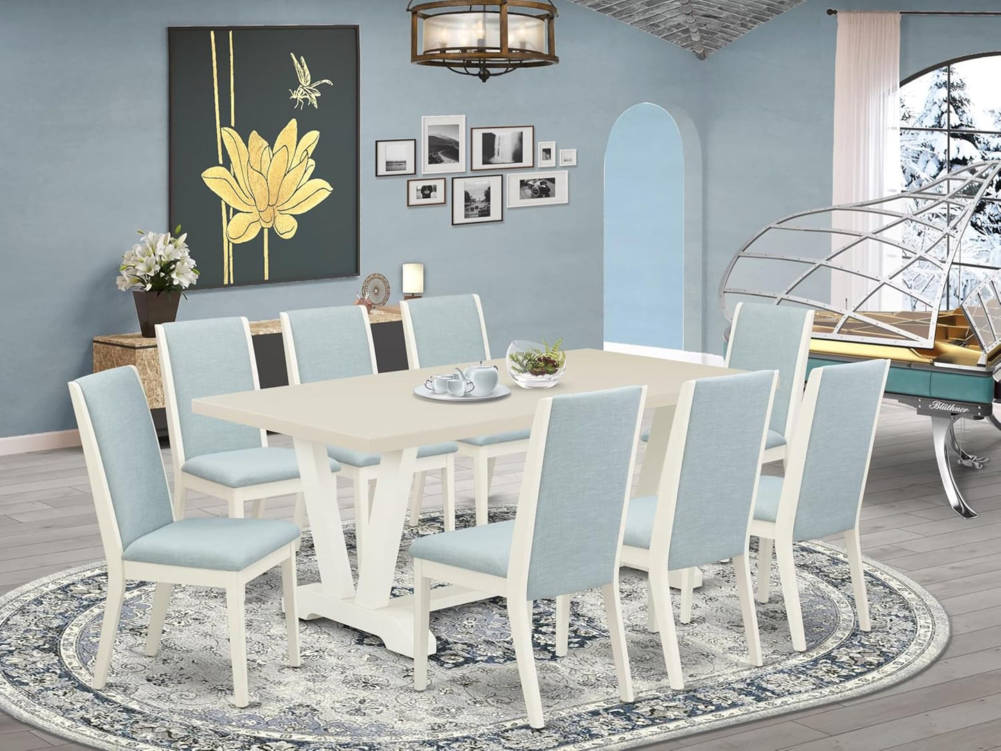 East West Furniture V027LA015-9 9 Piece Dining Set Includes a Rectangle Dining Room Table with V-Legs and 8 Baby Blue Linen Fabric Upholstered Parson Chairs, 40x72 Inch, Multi-Color
