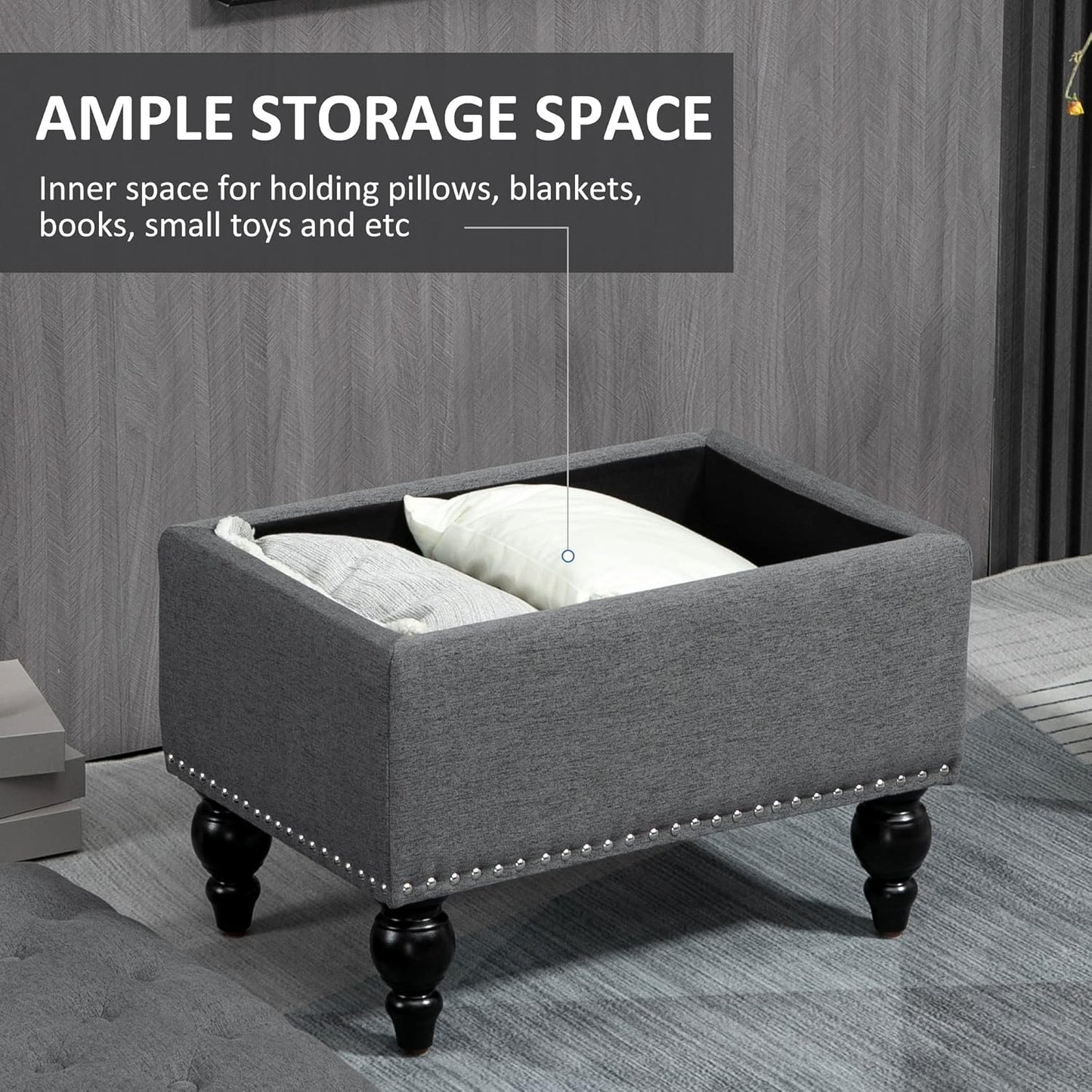 HOMCOM Ottoman with Storage for Living Room, 25" Storage Ottoman with Removable Lid, Button-Tufted Fabric Bench for Footrest and Seat with Wood Legs, Gray