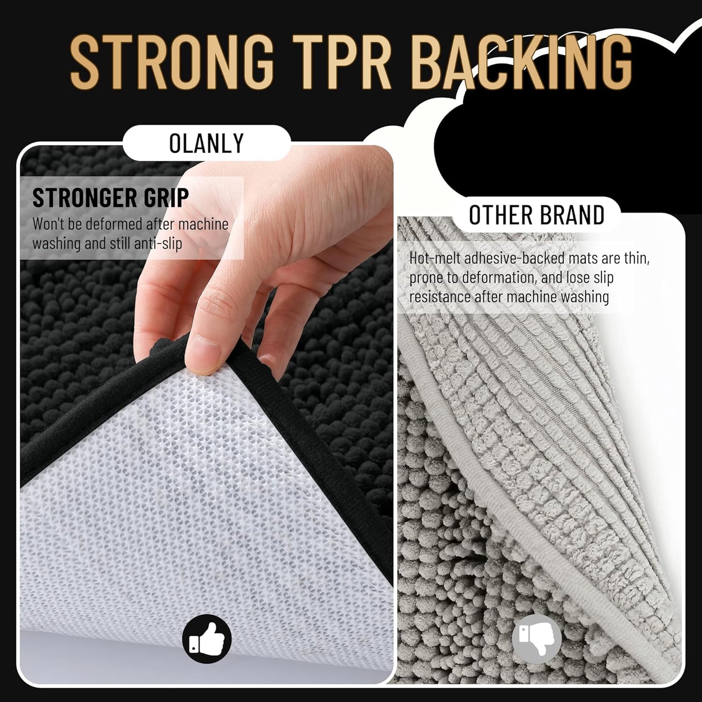 OLANLY Thick Bathroom Rugs 30x20, Extra Soft Absorbent Chenille Striped Bath Rugs, Rubber Backing, Machine Wash Dry, Bath Mats for Bathroom Floor, Tub and Shower, Home Decor Accessories, Black