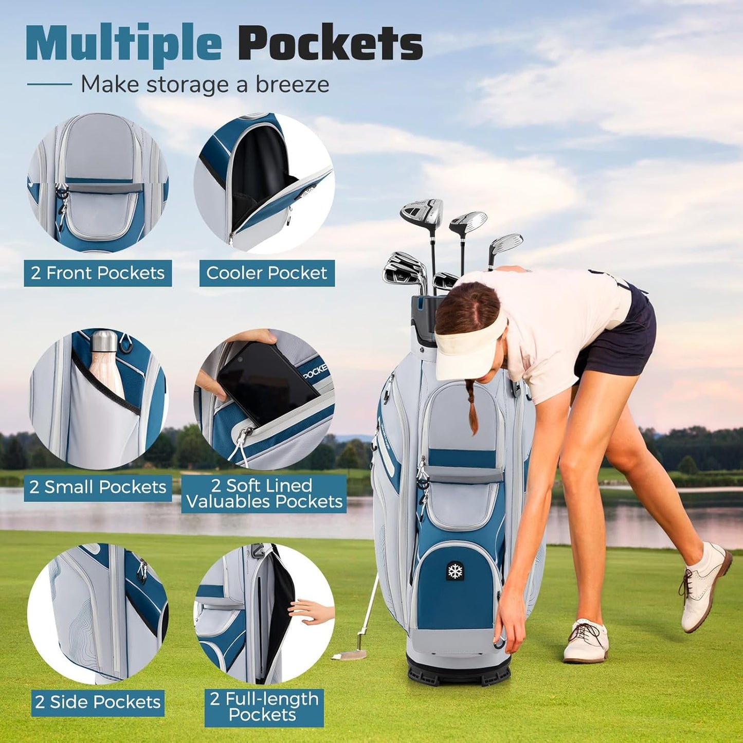 Tangkula Golf Cart Bag with 14-Way Full Length Dividers, 6 Molded Lock Top Golf Club Bag with 11 Pockets, Cooler Bag, Padded Strap, Handles, Umbrella Holder & Rain Hood