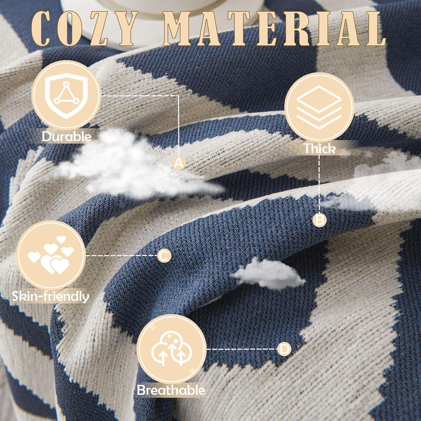 HANDONTIME Boho Chenille Sofa Cover - Denim Blue Reversible Blanket for L Shaped Sectional Couch - Geometric Protector for Dogs, 59" X 71"
