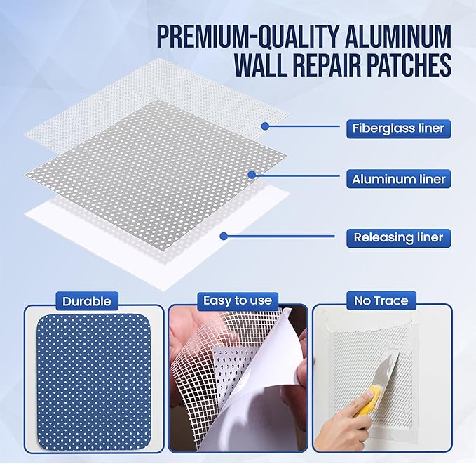 Wall Patch Repair Kit–10 Multi-Size Aluminum Mesh Patches (2″4″6″8″10″) with Scraper & 2 P180 Sandpapers| Drywall Hole Patch Kit for Sheetrock, Plaster&Ceiling Repair |Durable Self-Adhesive Value Pack