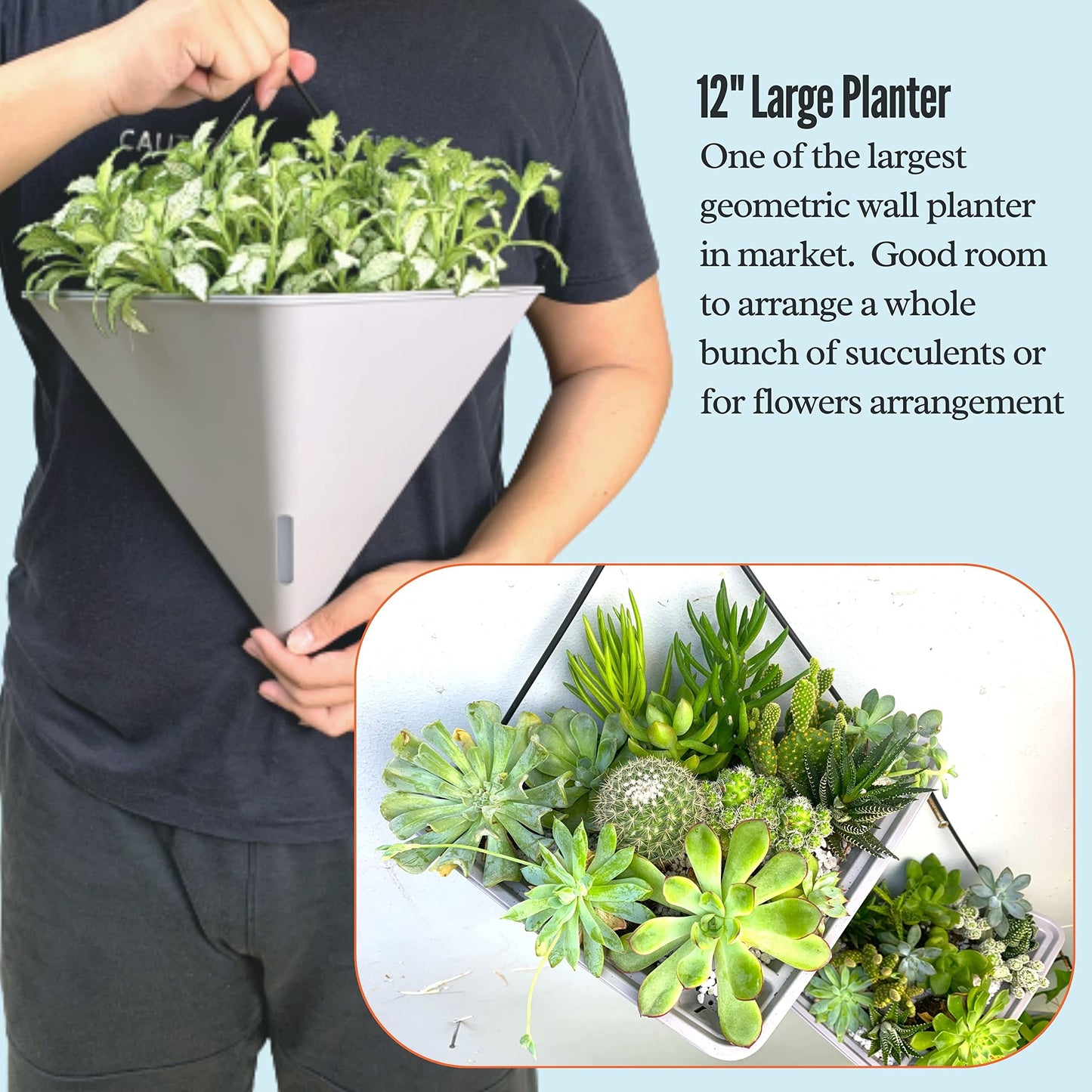 LaLaGreen Bundle - 12" x 2 Pack Black + 12" x 4 Pack Gray Large Self Watering Geometric Hanging Flower Vase Vessel with Metal Hanger, Modern Stylish Wall Mounted Succulent Pot Holder Decor