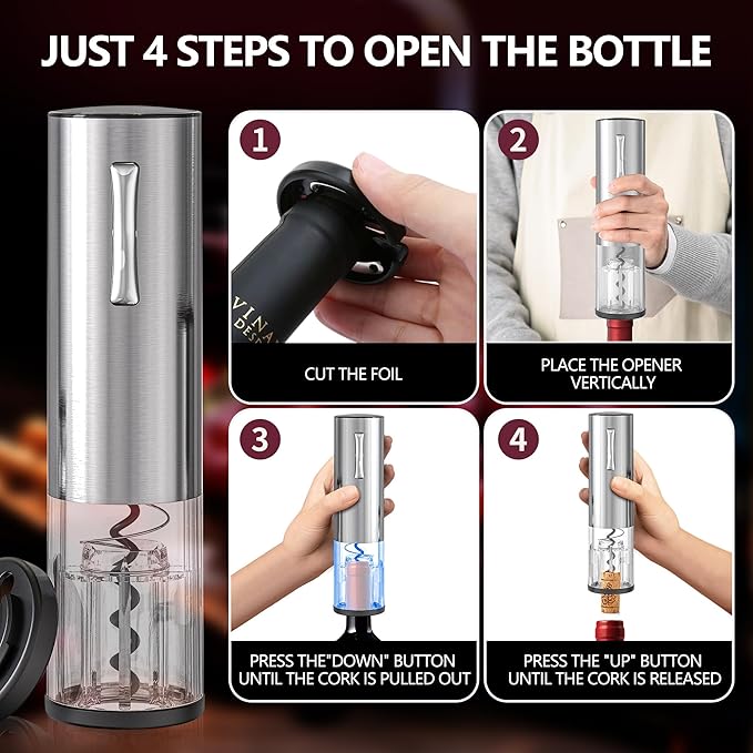 4-in-1 Rechargeable Electric Wine Opener Wine Aerator Gift Set with Electric Wine Decanter, Wine Stopper, Foil Cutter, Automatic Electric Wine Bottle Opener for Home Bar Parties, Stainless Steel