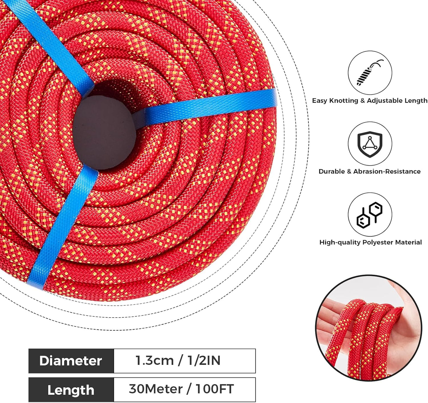 1/2 Inch 100ft Double Braided Polyester Arborist Rope, Heavy Duty Nylon Rope for Anchor, Tree Work, Cargo, Pulling, Sailing(Red)