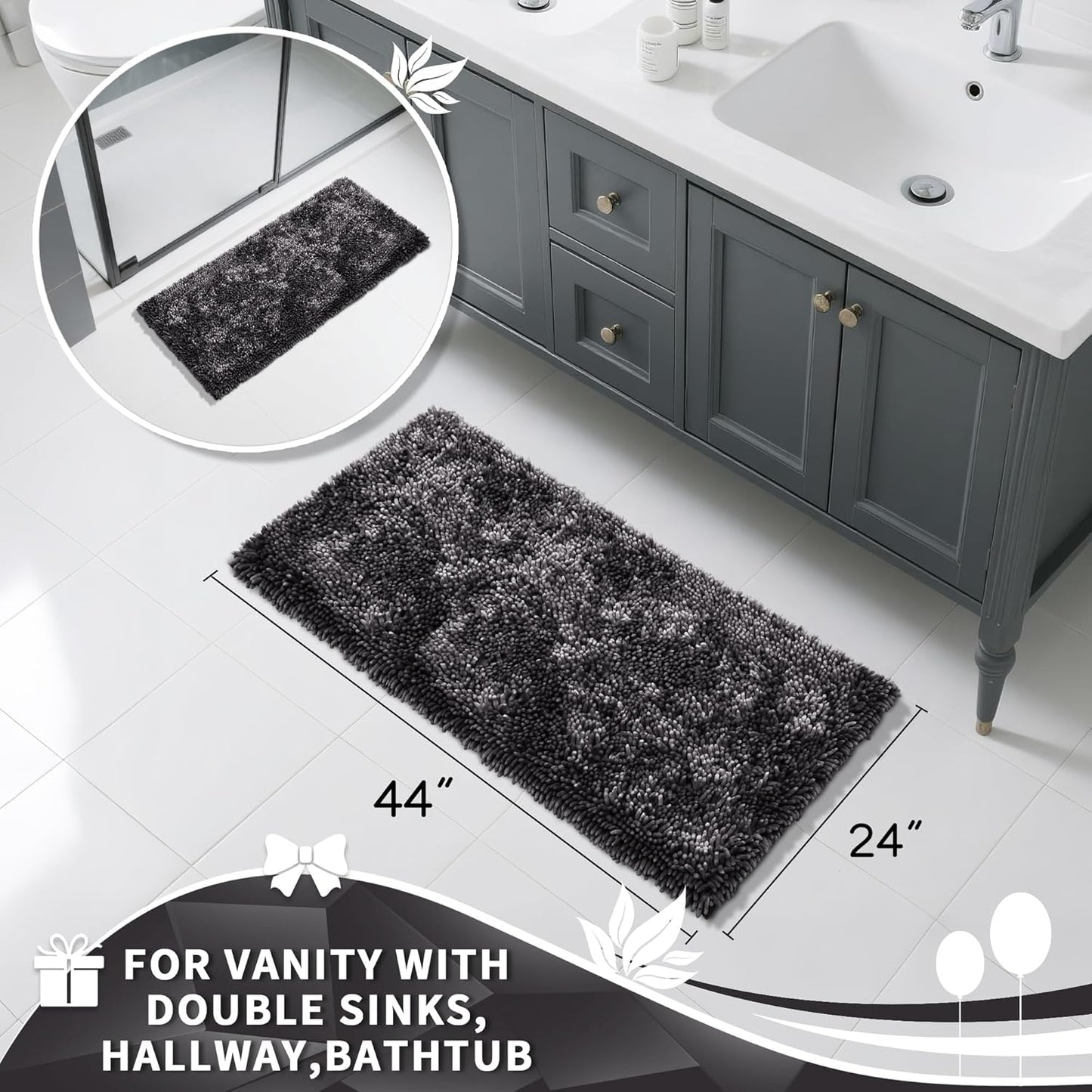 Yimobra Long Bathroom Rug Non Slip 44x24 Inch, Extra Thick Soft Absorbent Chenille Bath Mat, Machine Washable Quick Dry Bath Rugs for Bathroom Floor, Tub and Shower, Home Decor Accessories, Dark Grey
