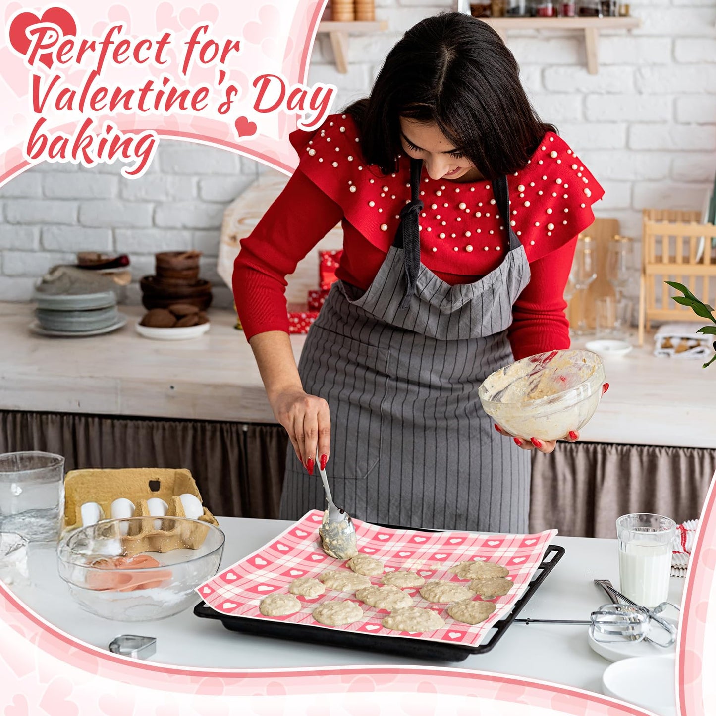 Honeydak 150 Pieces Valentines Wax Paper Sheets Heart Decorative Parchment Sheets Food Basket Liner Greaseproof Paper Liners for Baking Valentines Day Party Favors(Pink Plaid Heart)