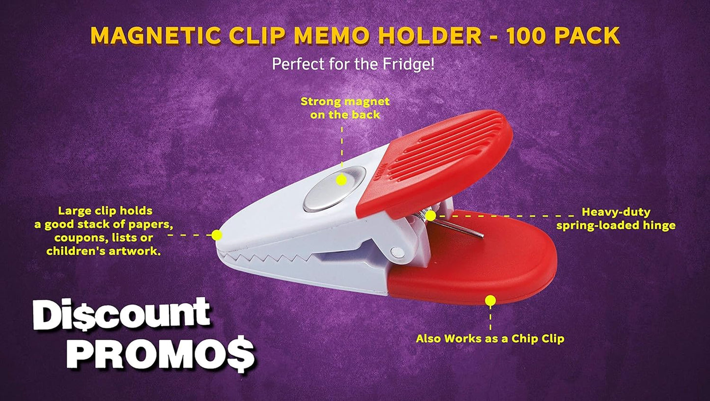100 Magnetic Memo Holders Set - Customizable Text, Logo - Large Clip, Plastic - White Red