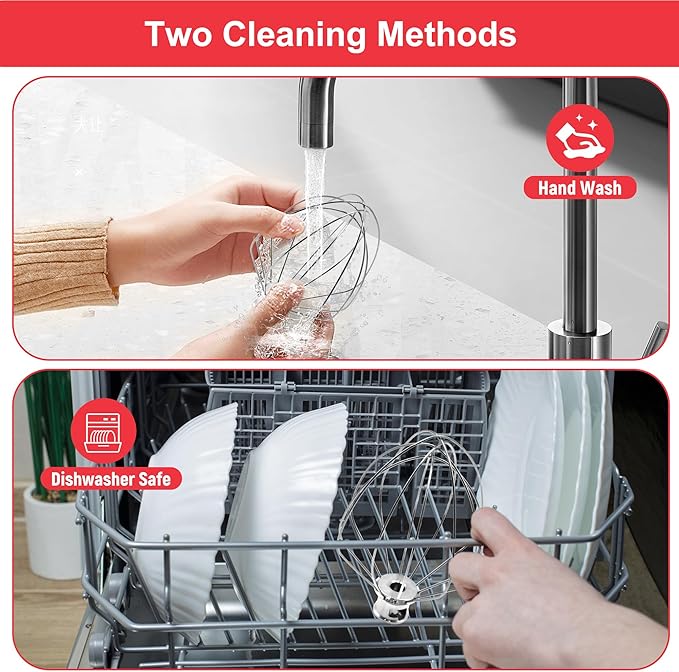 K5A Stainless Steel Whisk for KitchenAid 5Qt Bowl Lift Stand Mixer, 6 Wire Whip Attachment for K4 K5 K5SS, KSM5, KG25, KP50, KSM6573, KSM6521,18/8 Stainless Steel, Heavy Duty, Dishwasher Safe
