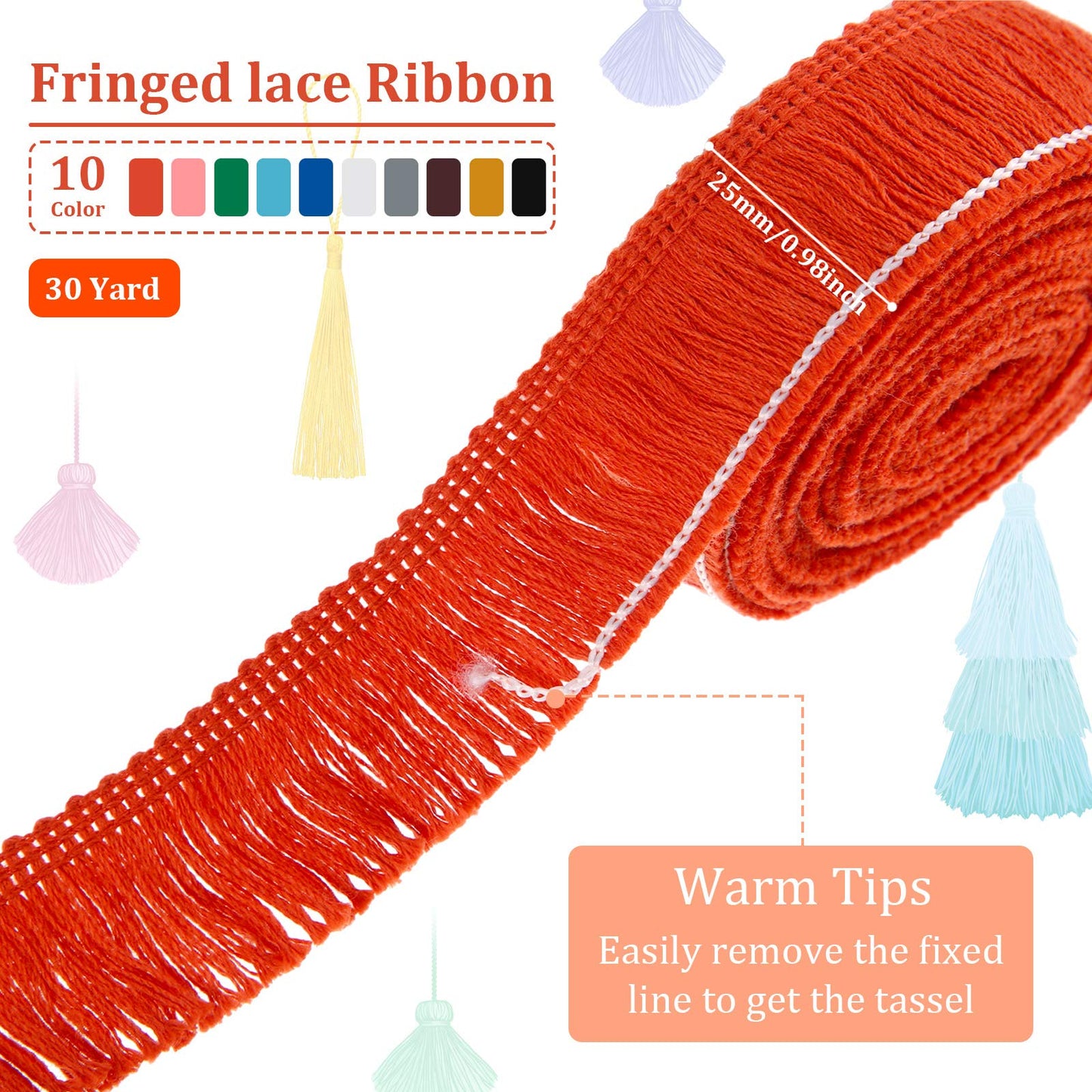 Syhood 10 Rolls 30 Yards 25 mm Wide Fringe Tassel Trim, Lace Ribbon Fringe Trim Lace for Sewing Crafts Clothing, Curtains(Colorful)