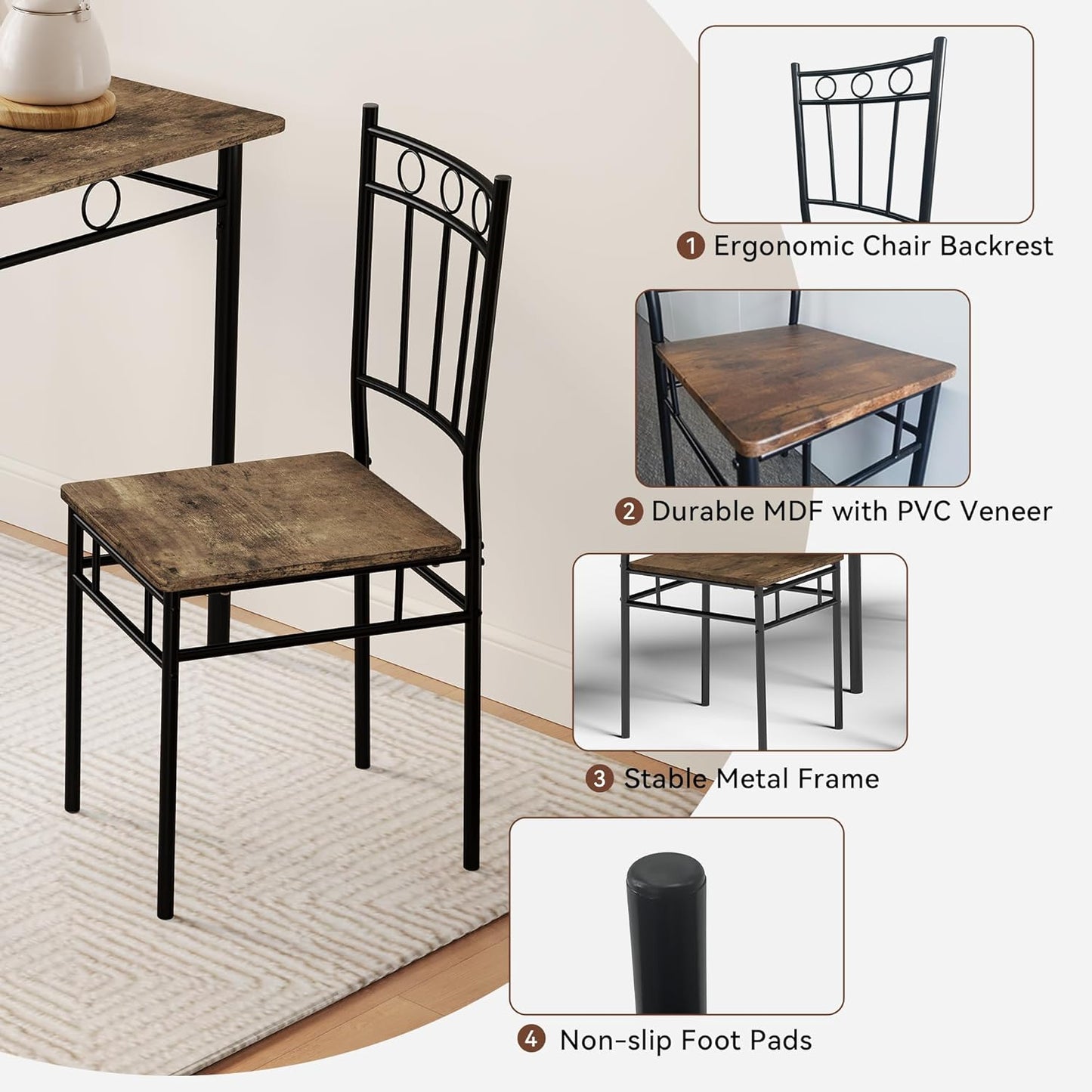 Vipbear Kitchen Dining Table Set for 4, 5-Piece Kitchen Table Set,Dining Room Table Sets,Rectangular Kitchen Table Set with 4 Chairs for Small Space, Dinette,Apartment, Rustic Brown
