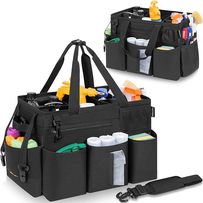 Wearable Cleaning Caddy Bag for Cleaning Supplies, Large Capacity Cleaning Organizer Tote Bag Kitchen Cleaning Supplies Storage Bag for Cleaners Housekeepers (Black)