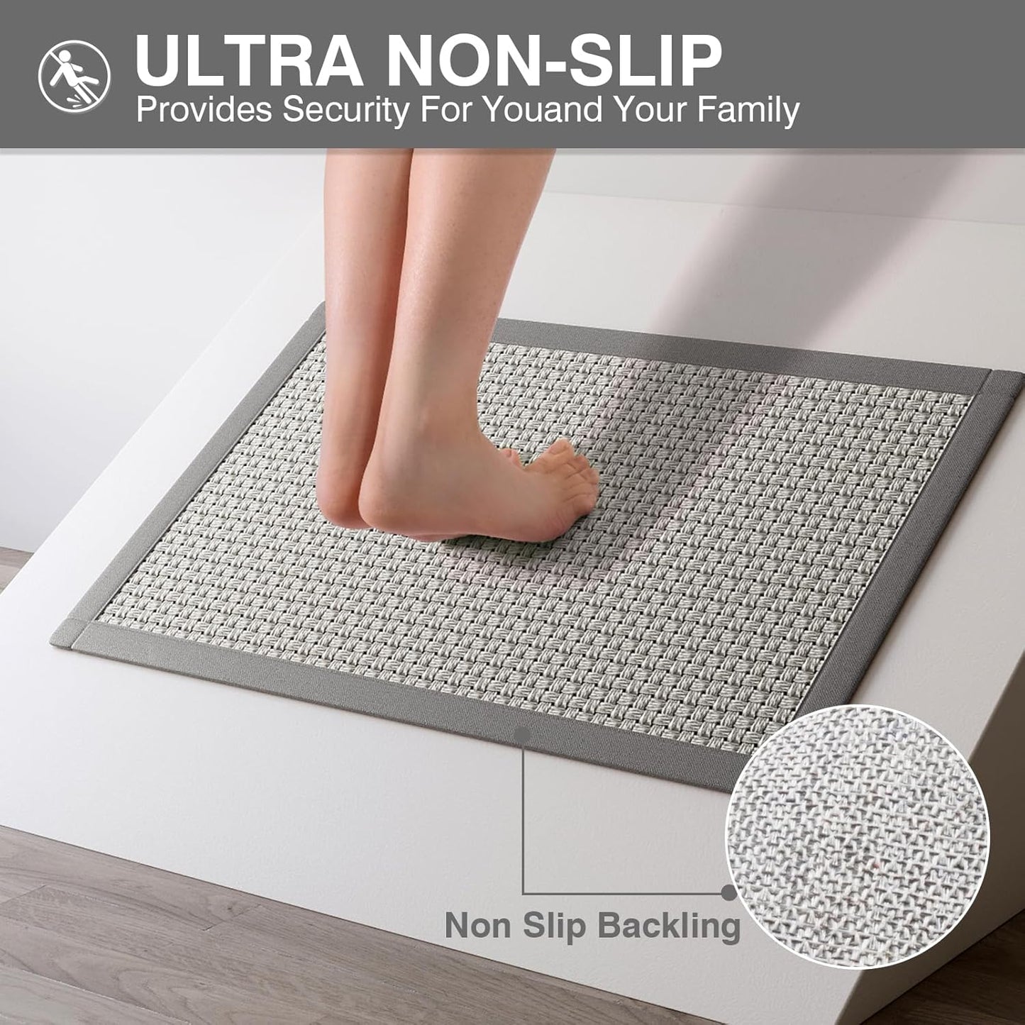 Non Slip Ultra Thin Bathroom Rugs Mat 20x32, Bath Mat Quick Dry Absorbent Bathroom Mat Floor Rubber Backed Fit Under Door, Woven Washable Bath Rugs, Gray