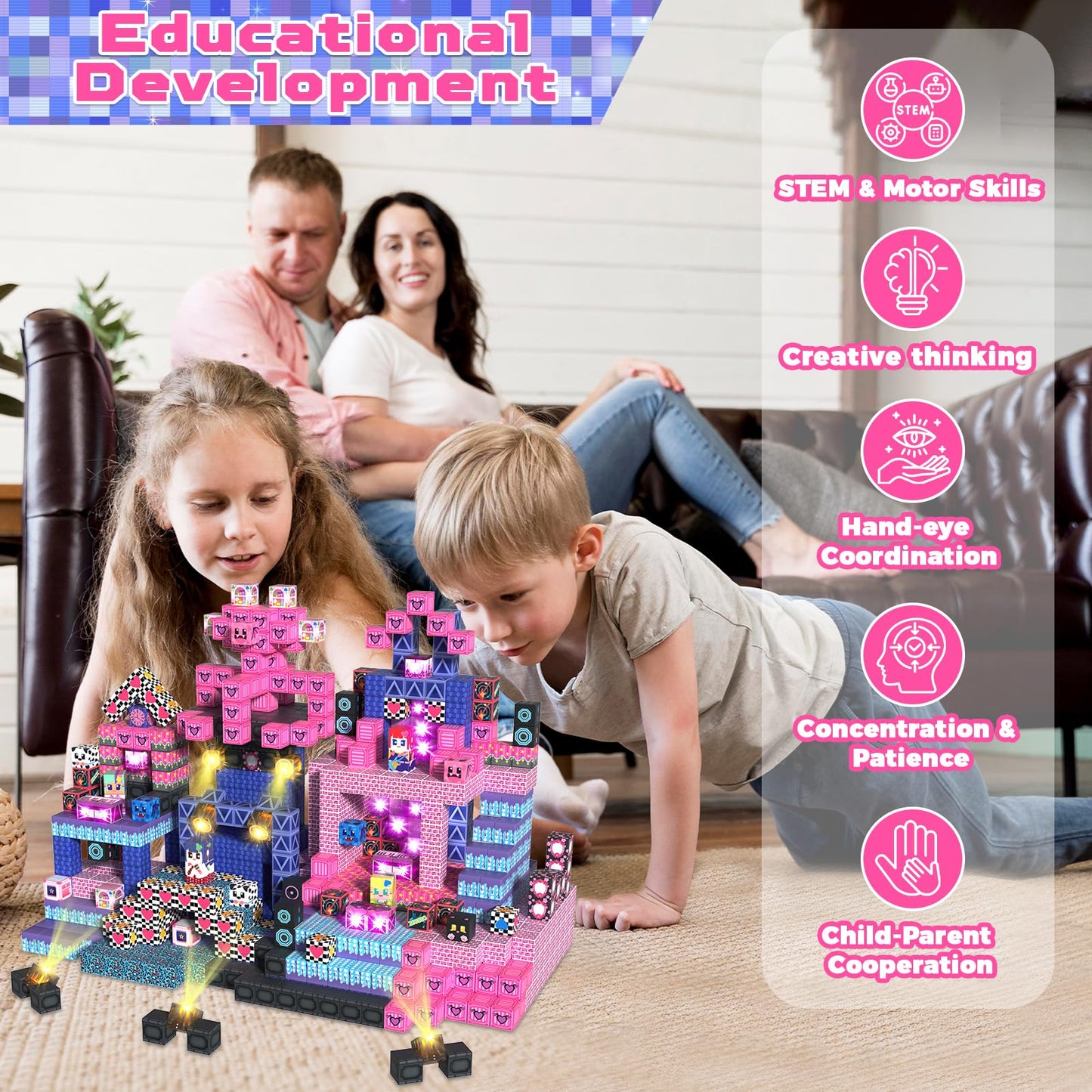Annexfun 150PCS Magnetic Blocks with Light Up Blocks,Magnetic Cubes Magnetic Building Blocks Toys for Ages 3+ STEM Sensory Stacking Toys for Boys & Girls Birthday Gifts