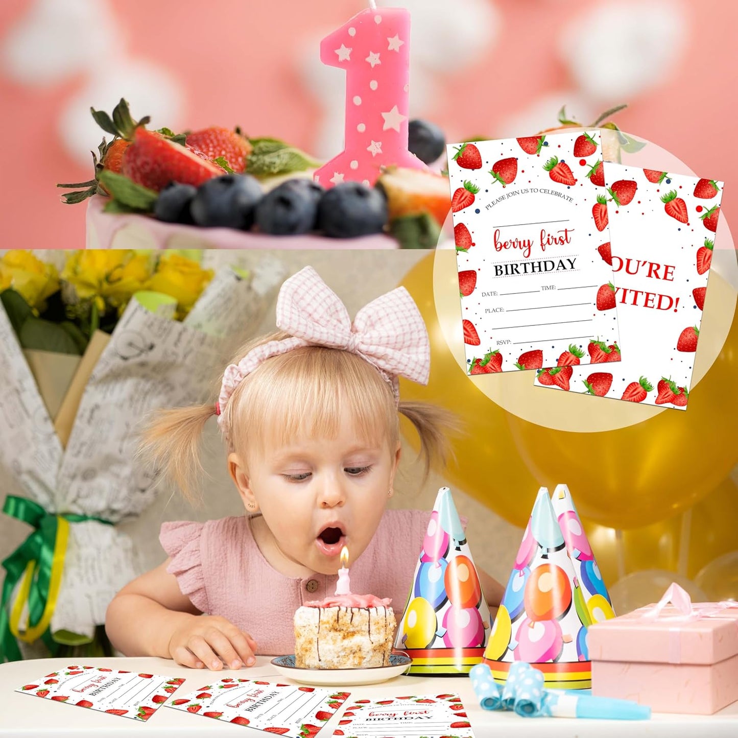 Berry 1st Birthday Invitations, 20 Invitation Cards with Envelopes, Strawberry First Invites for Party Decorations Favor Supplies - A06