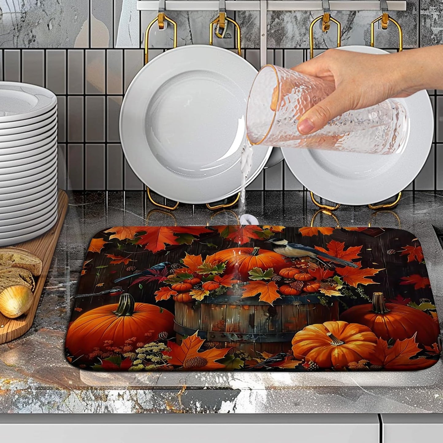 Fall Pumpkin Kitchen Drying Mat 16x18 Inch - Autumn Maple Leaves Bird Dish Mat for Kitchen Counter - Microfiber Absorbent Pad for Dishes, Coffee Bar