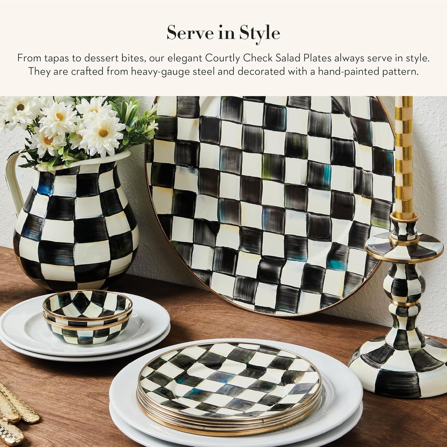 MACKENZIE-CHILDS Enamel Salad and Dessert Plate, Small Plate for a Dessert or Appetizer Dish, 8 Inches, Set of 4, Black-and-White Courtly Check