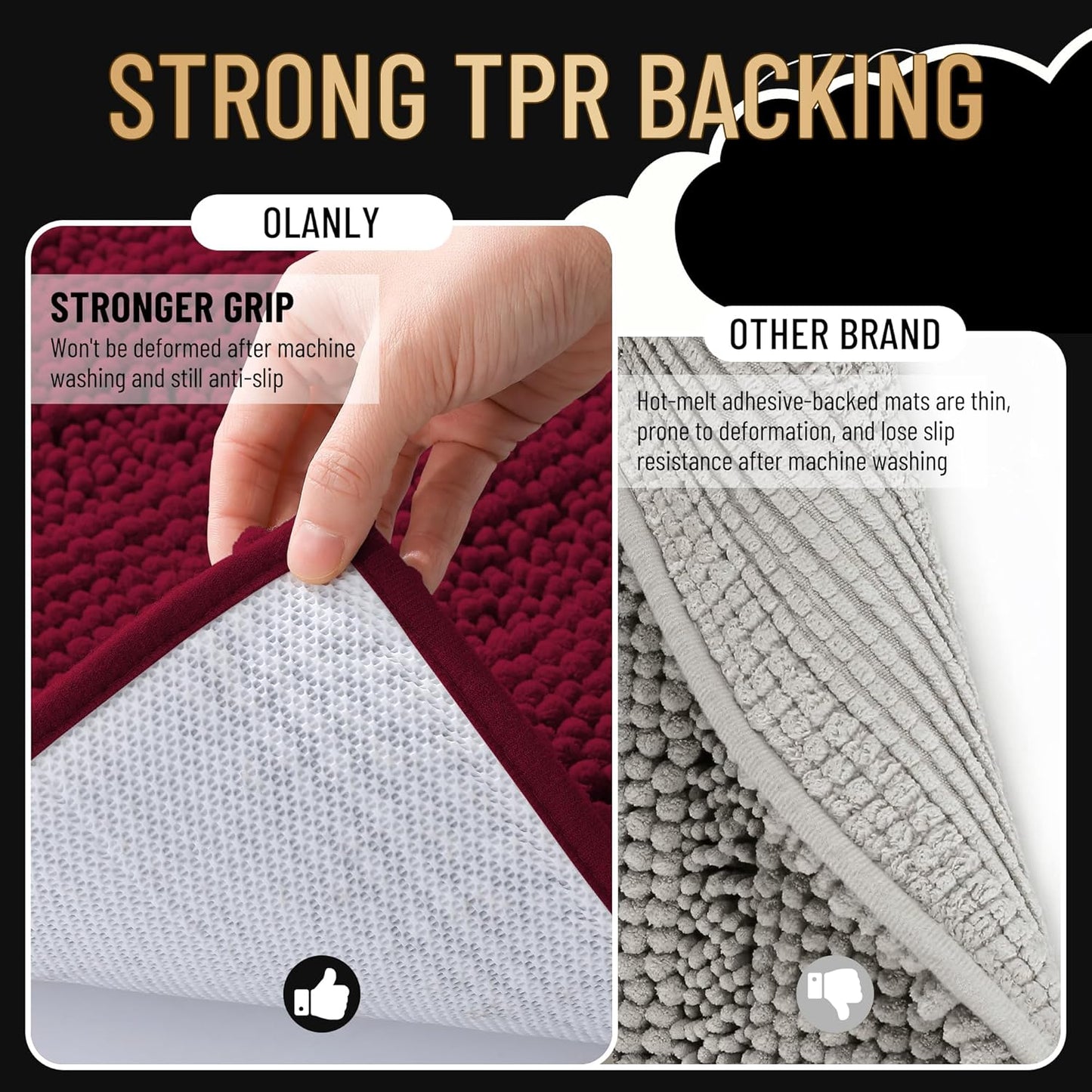 OLANLY Thick Bathroom Rugs 30x20, Extra Soft Absorbent Chenille Striped Bath Rugs, Rubber Backing, Machine Wash Dry, Bath Mats for Bathroom Floor, Tub and Shower, Home Decor Accessories, Burgundy