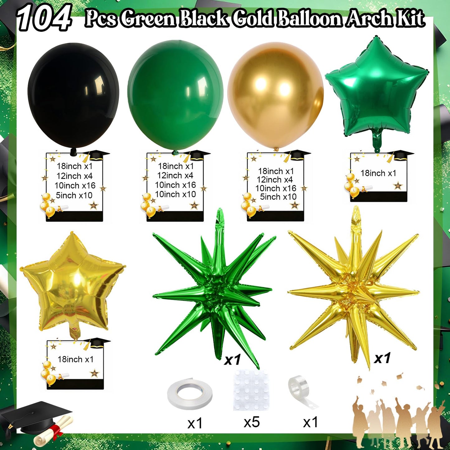 Graduation Balloon Arch Kit 2026 Green and Gold Black Balloon Garland Emerald Forest Dark Green Balloons with Star Foil for Congrats Grad Retirement Prom Birthday Football Party Decorations, 104Pcs