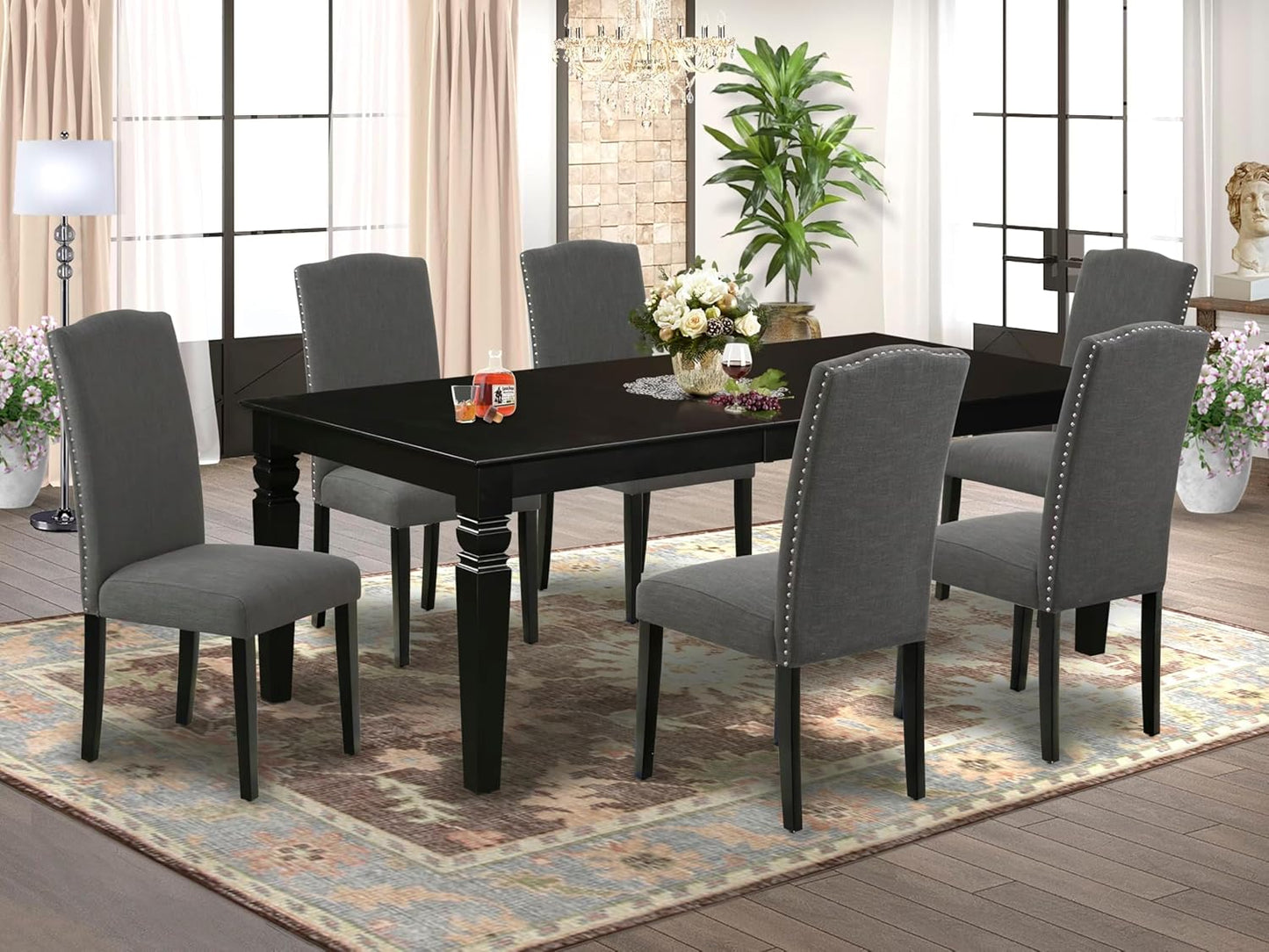 East West Furniture LGEN7-BLK-20 7 Piece Kitchen Table Set Consist of a Rectangle Dining Table with Butterfly Leaf and 6 Dark Gotham Linen Fabric Parson Chairs, 42x84 Inch, Black