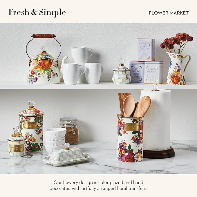 MACKENZIE-CHILDS Sweets Jar with Enamel Lid, Small Glass Cookie Jar or Kitchen Jar, 0.5-Gallon Capacity, White Flower Market
