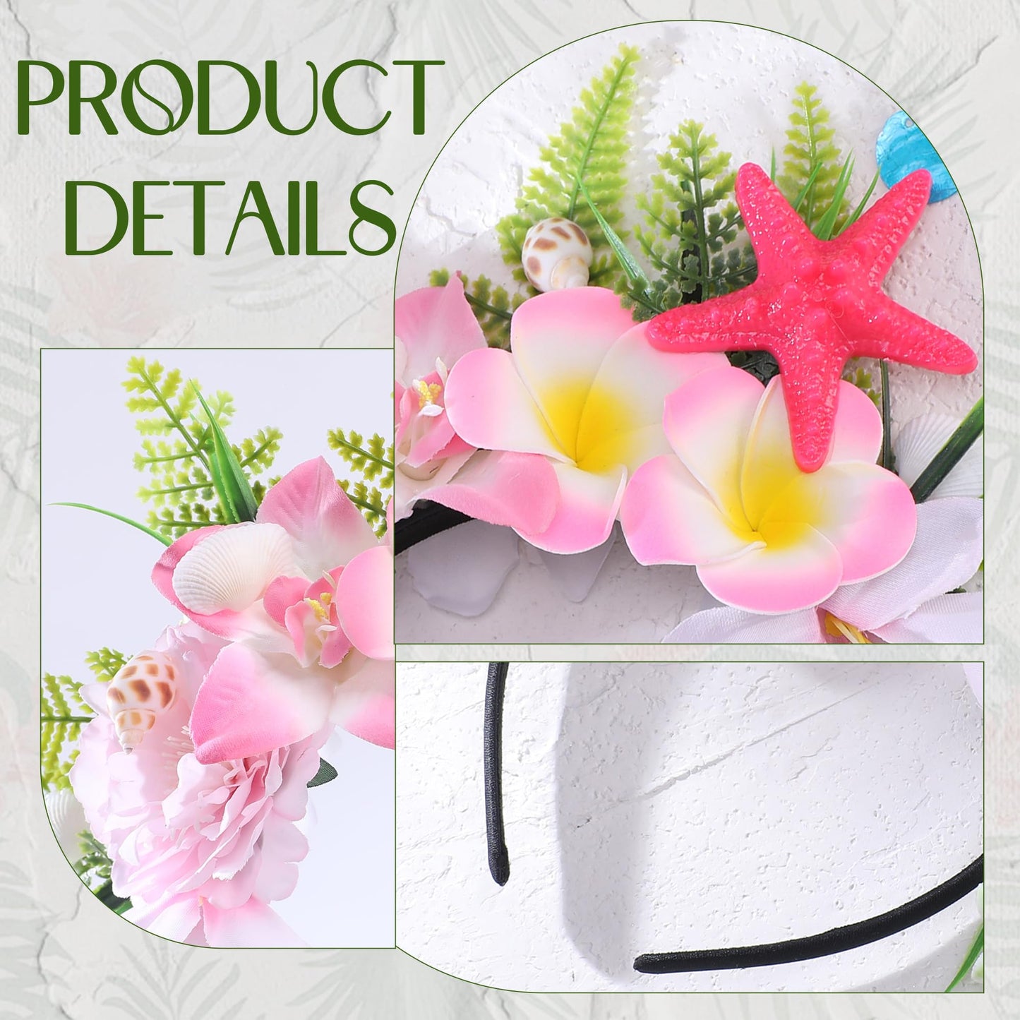 KorViSHOW Hawaiian Flower Crown Headband, Artificial Pink Orchid Plumeria Hawaii Floral Headpiec, Tropical Starfish Flower Headbands for Summer Beach Hula Dance Hair Accessories Party Favor Supplies