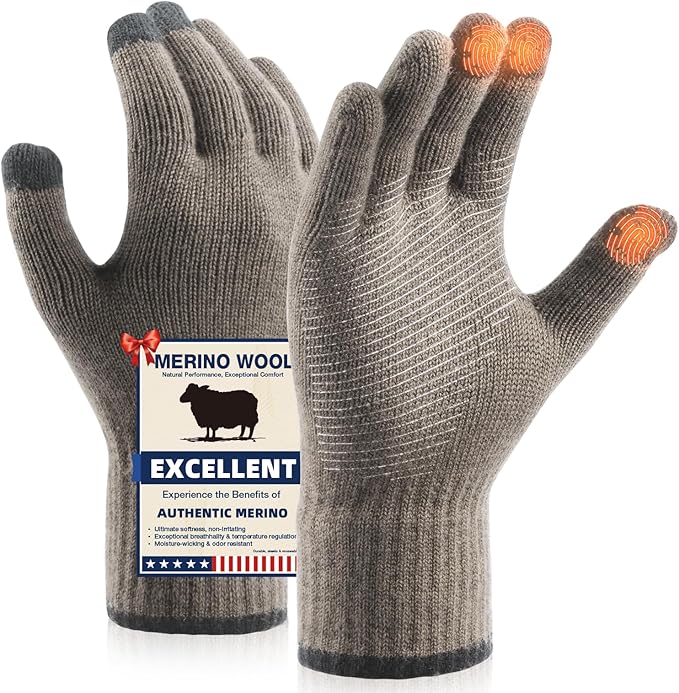 Merino Wool Gloves for Men Women Touch Screen Warm Anti-Slip Glove Liners Thermal for Driving Hiking