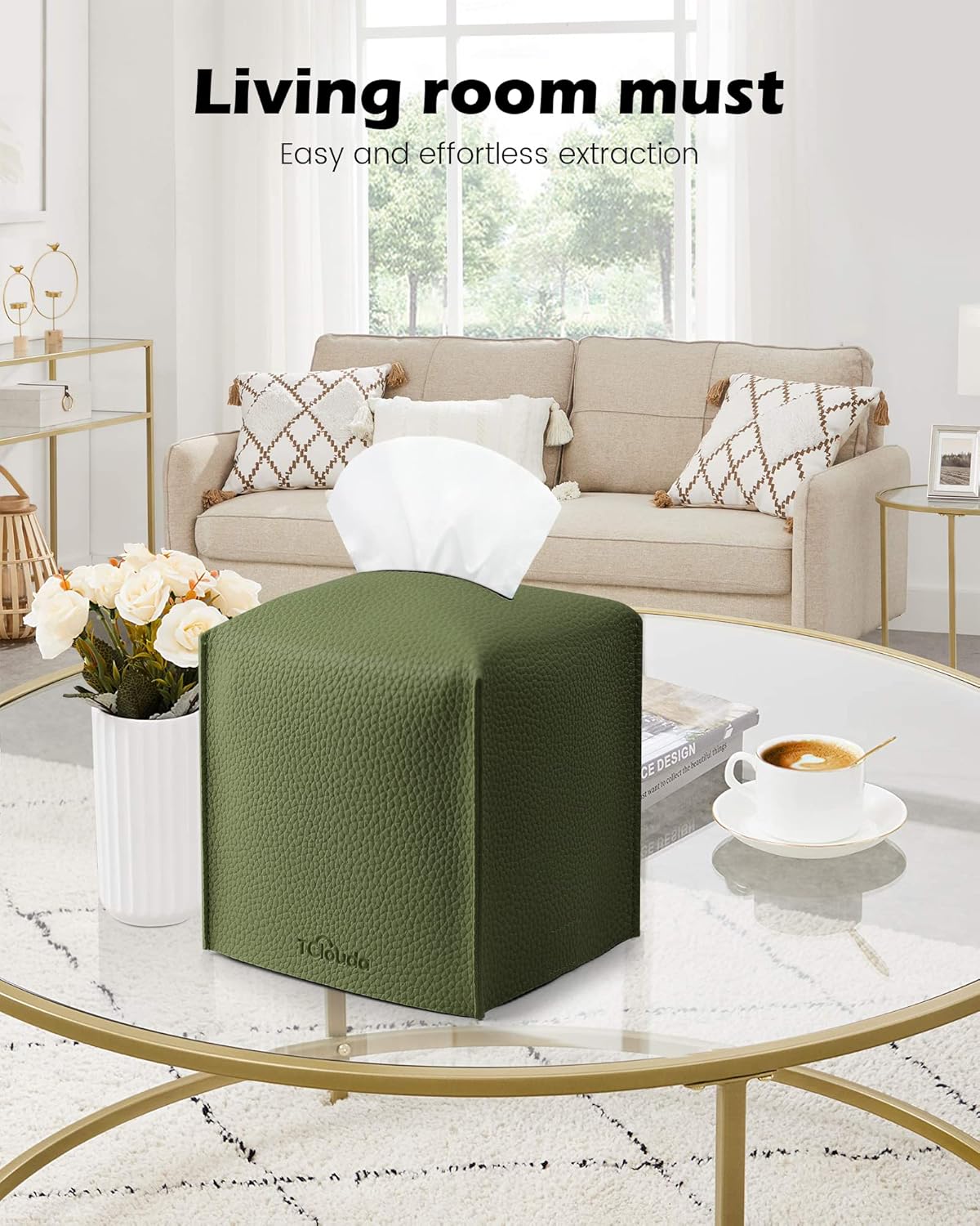 Tissue Box Cover for PU Leather, Modern Simple Solid Color Holder Square Tissue Bag, Ideal for Bathrooms,Office,Car,Nightstand,Outdoor Tent,Dining Table,5"X5"X5", Double Green