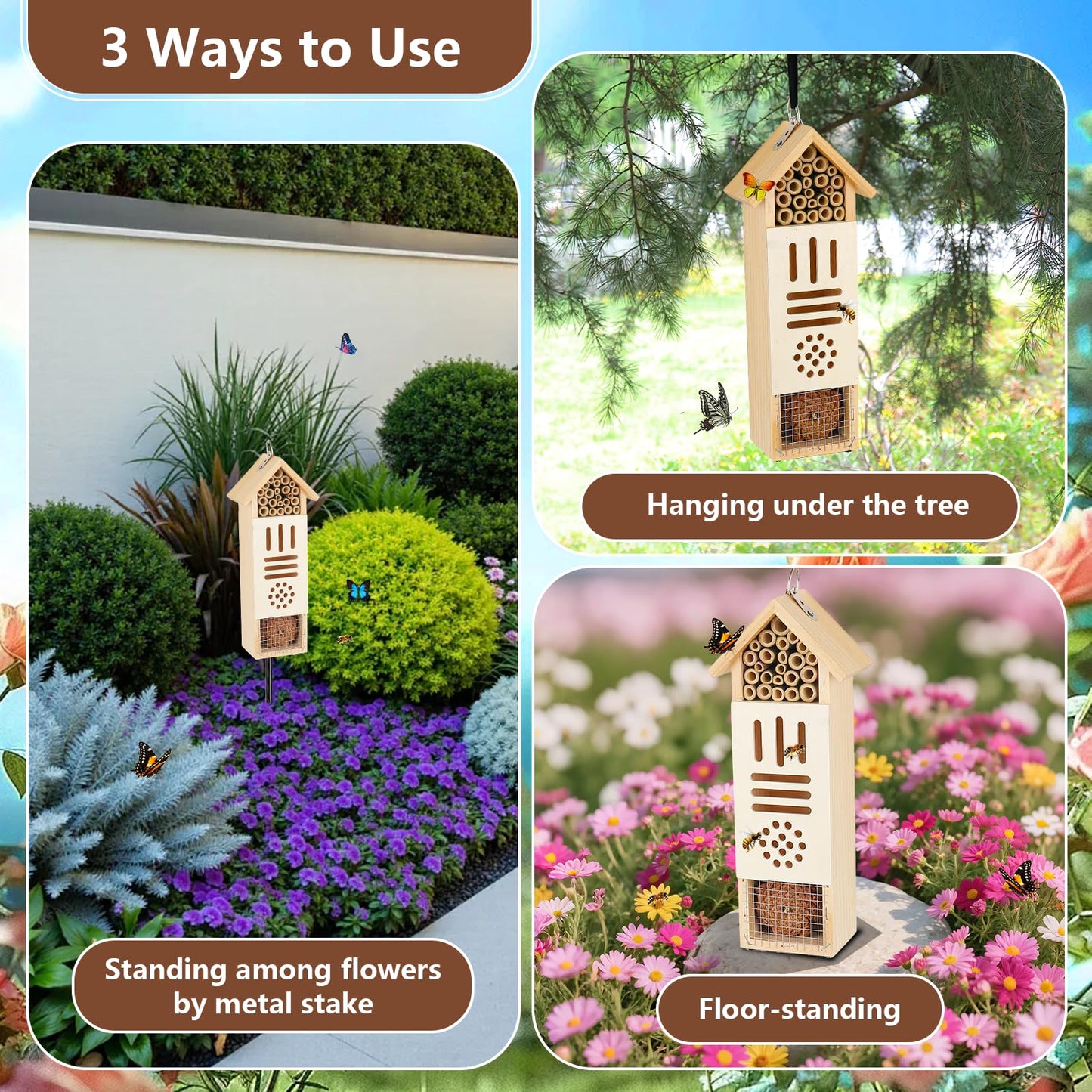 Wooden Insect House, Bee House with Metal Stake for Garden, Natural Ladbugs Habitat & Butterfly Hotel on The Ground or Hanging on Tree Wall (Pine, 3.34'' x 2.56'' x 11.8'', 11.8'' H Stake)