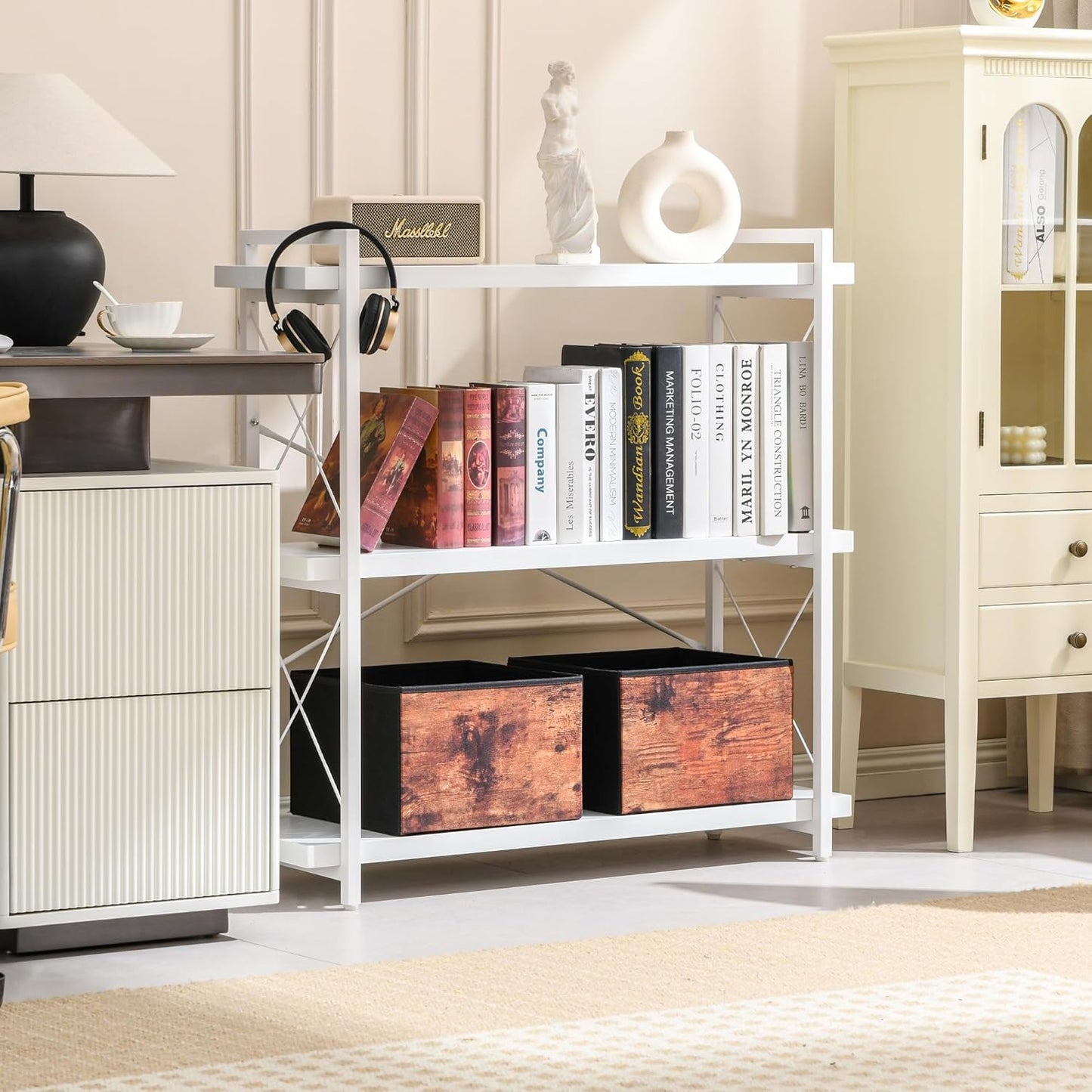 HCHQHS Bookshelf, 3-Tier Industrial Bookcase, White Open Book Shelf, Freestanding Horizontal Bookshelves with Metal Frame