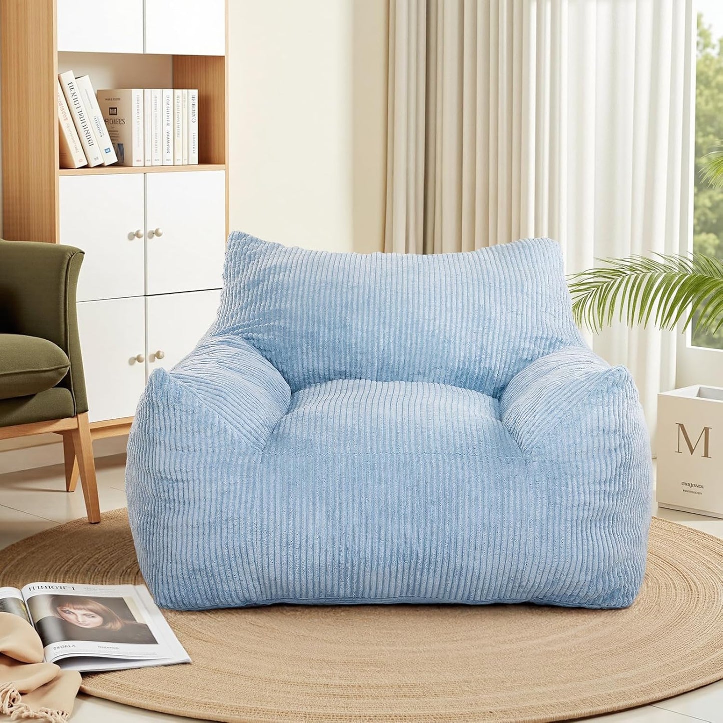 INMOZATA Bean Bag Chair for Adults, 3FT Beanbag Chairs with Ottoman Pre-Filled Fluffy Lazy Chair Corded Fabric Accent Chair for Bedroom Living Room Dorm (Light Blue)