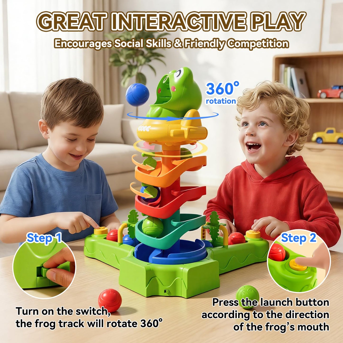 KNMDU Frog Ball Drop Toy for Kids, 5 Layer Roll Swirling Ball Tower with 12 Balls, Spin and Learn Shoot Balls Drop Montessori Toy, Gifts for Toddler Boys Girls 2 3 4 5 6 7 8+ Years Old (2 Player)