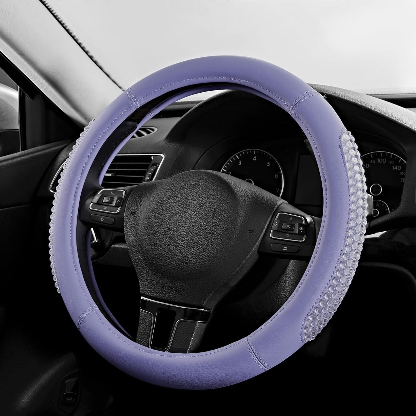 PIC AUTO Steering Wheel Cover, Glitter Gel Particles & Purple Luxury Leather Car Steering Cover, Universal Fit 14.5"-15.5" Anti-Slip Car Wheels Cover for Girls & Women